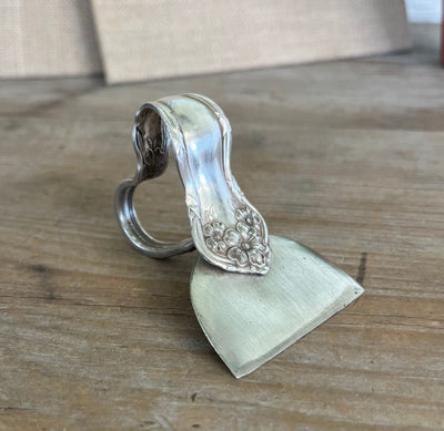 Profile of Arbutus pattern ergonomic heart handle cheese knife - Ergonomic Heart Handle Cheese Knife - handcrafted from upcycled vintage silverware - Laughing Frog Studio