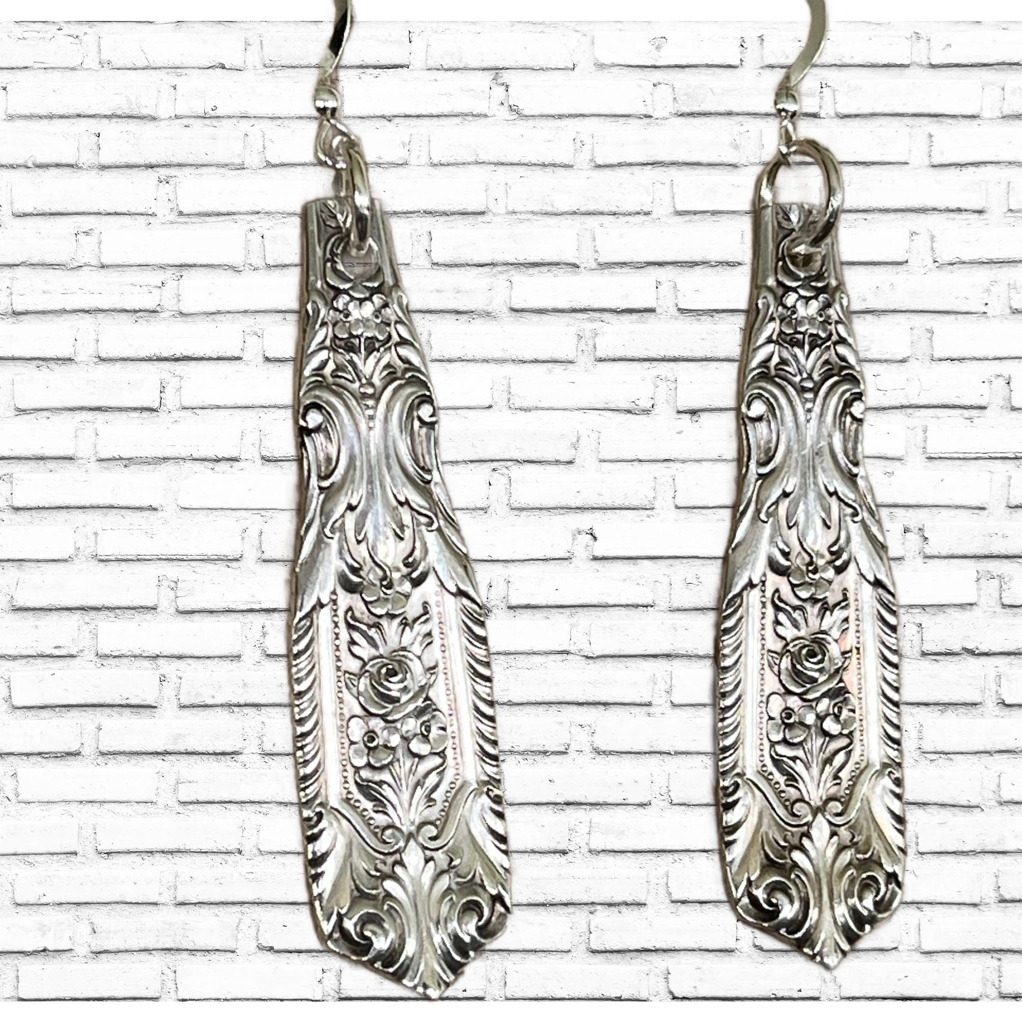 Detailed view of antique MILBURN ROSE pattern sterling silver spoon earrings - Sterling Spoon Earrings - handcrafted from upcycled vintage silverware - Laughing Frog Studio