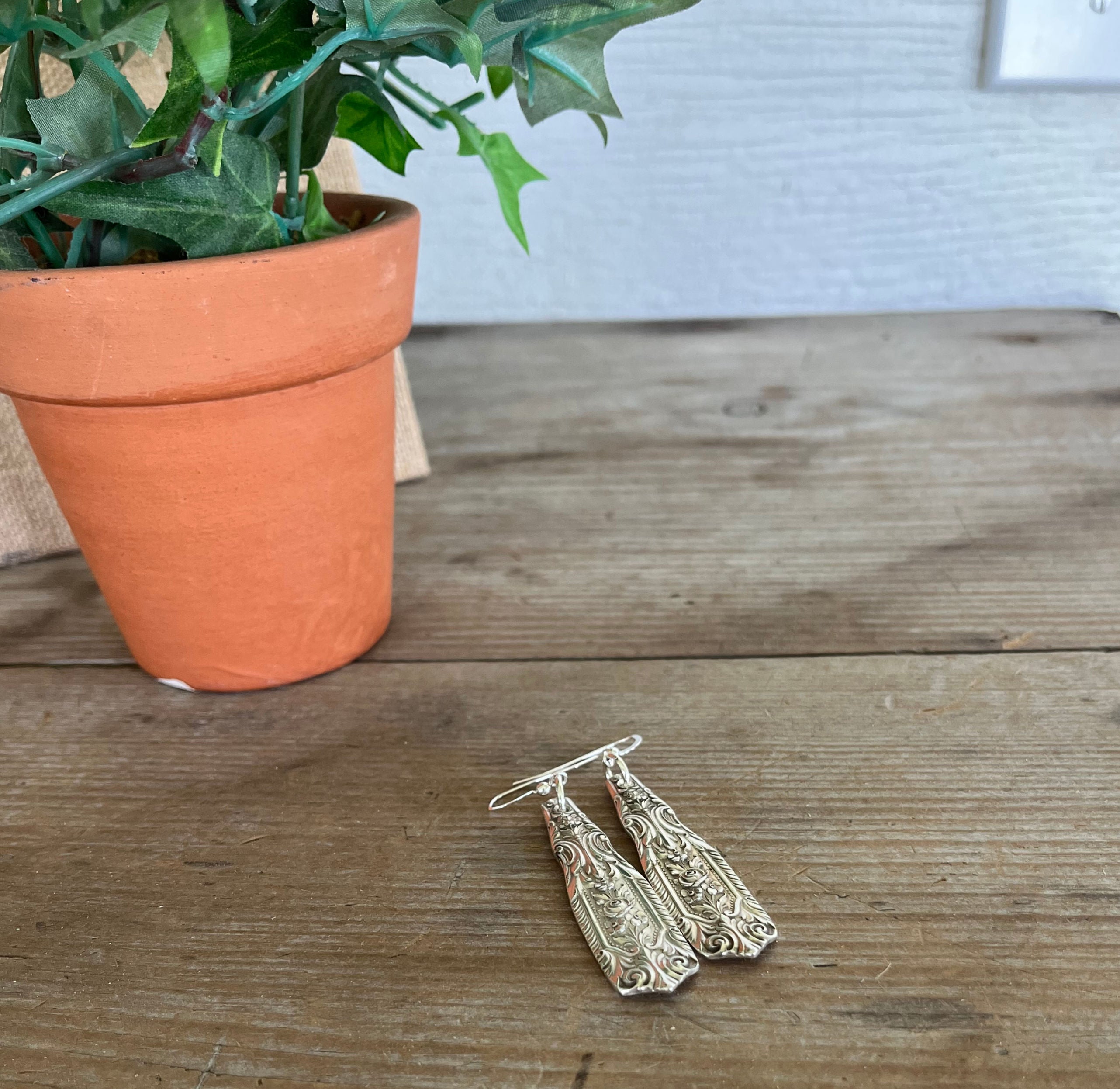 Wide angle shot of antique MILBURN ROSE pattern sterling silver spoon earrings - Sterling Spoon Earrings - handcrafted from upcycled vintage silverware - Laughing Frog Studio