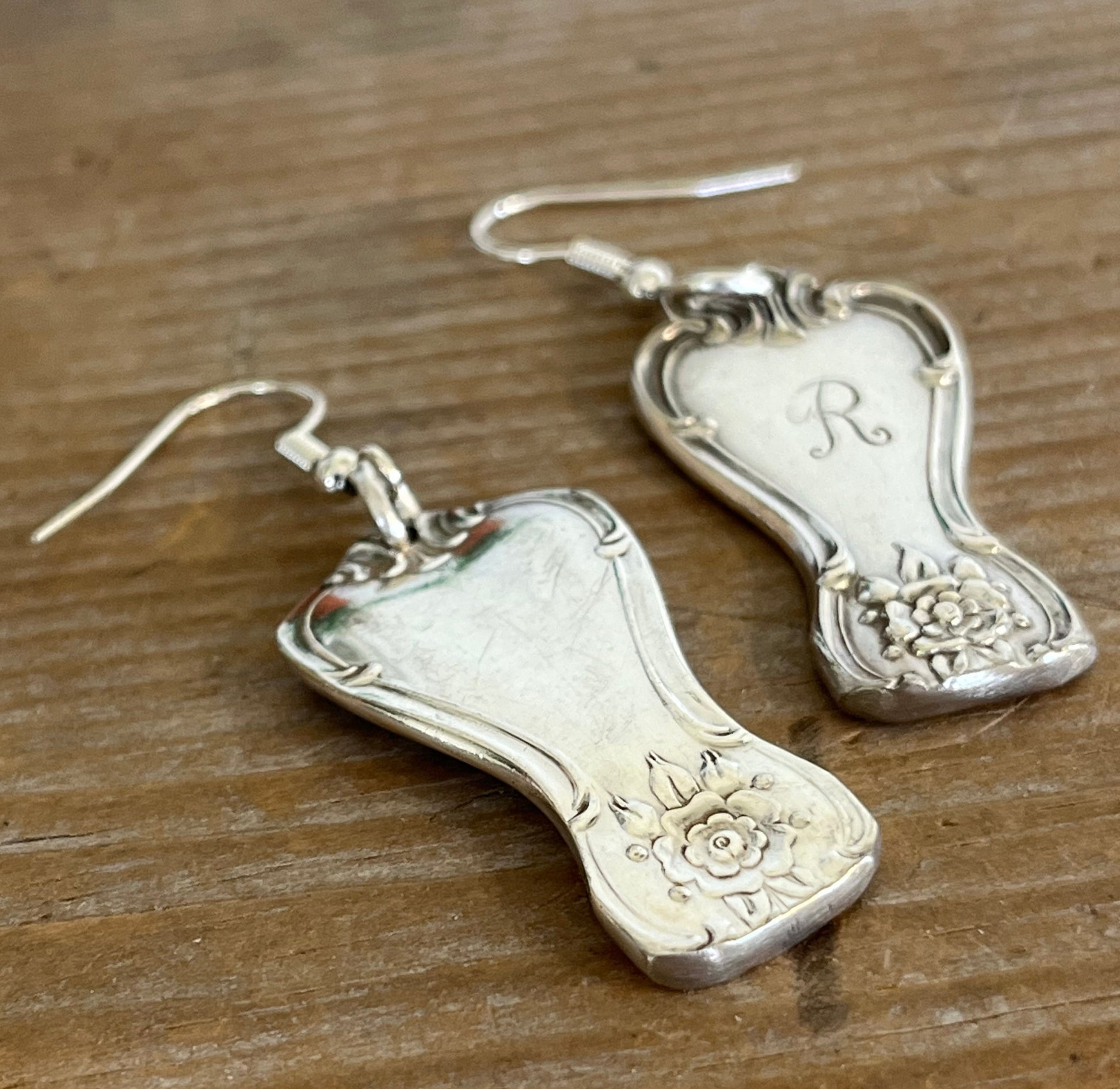 Upcycled vintage silverplate Signature spoon earrings showing back and front of classic 1950s design