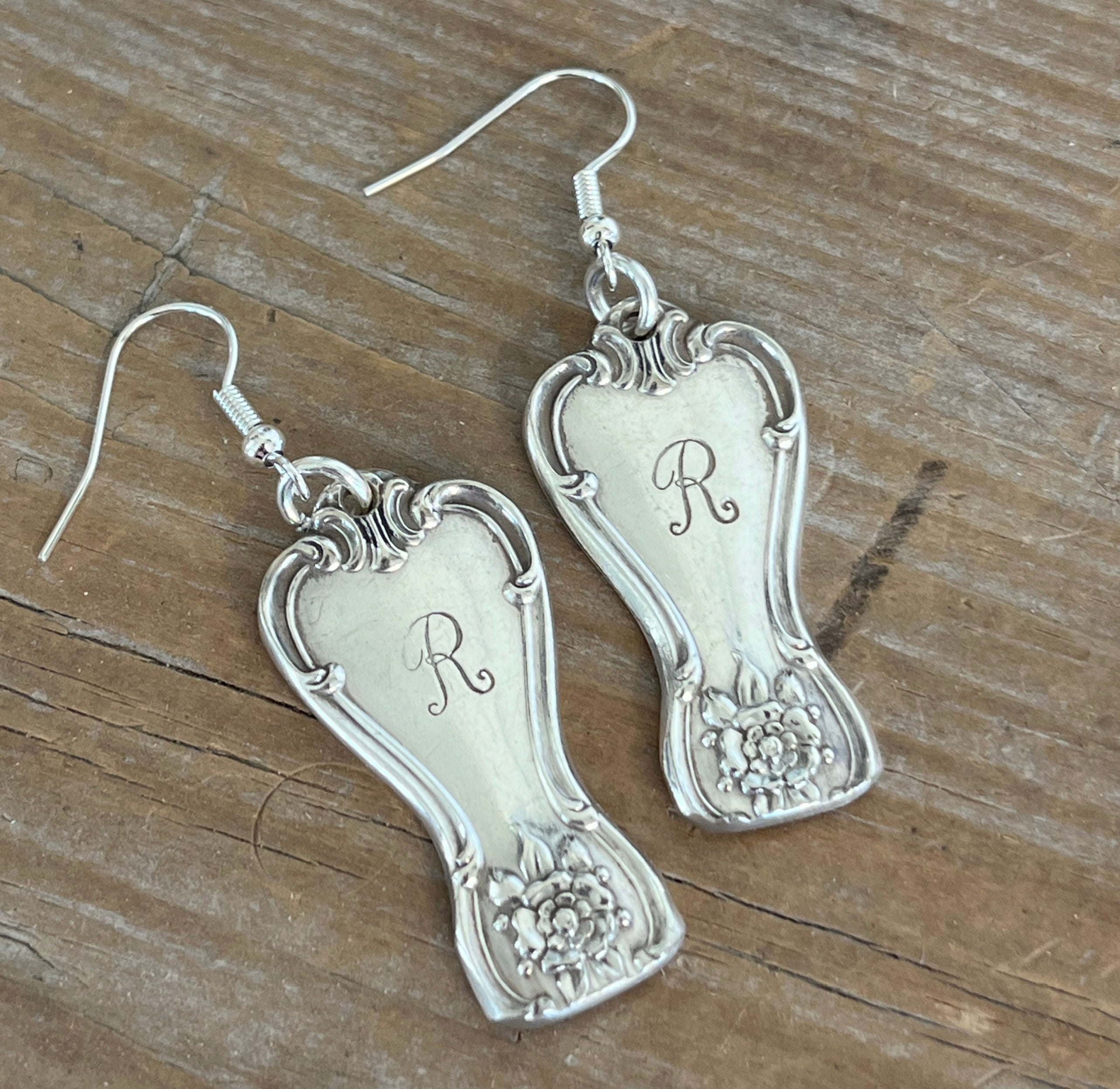 1950 Old Company Plate Signature pattern spoon handle drop earrings with monogram R - spoon earrings - handcrafted from upcycled vintage silverware - Laughing Frog Studio