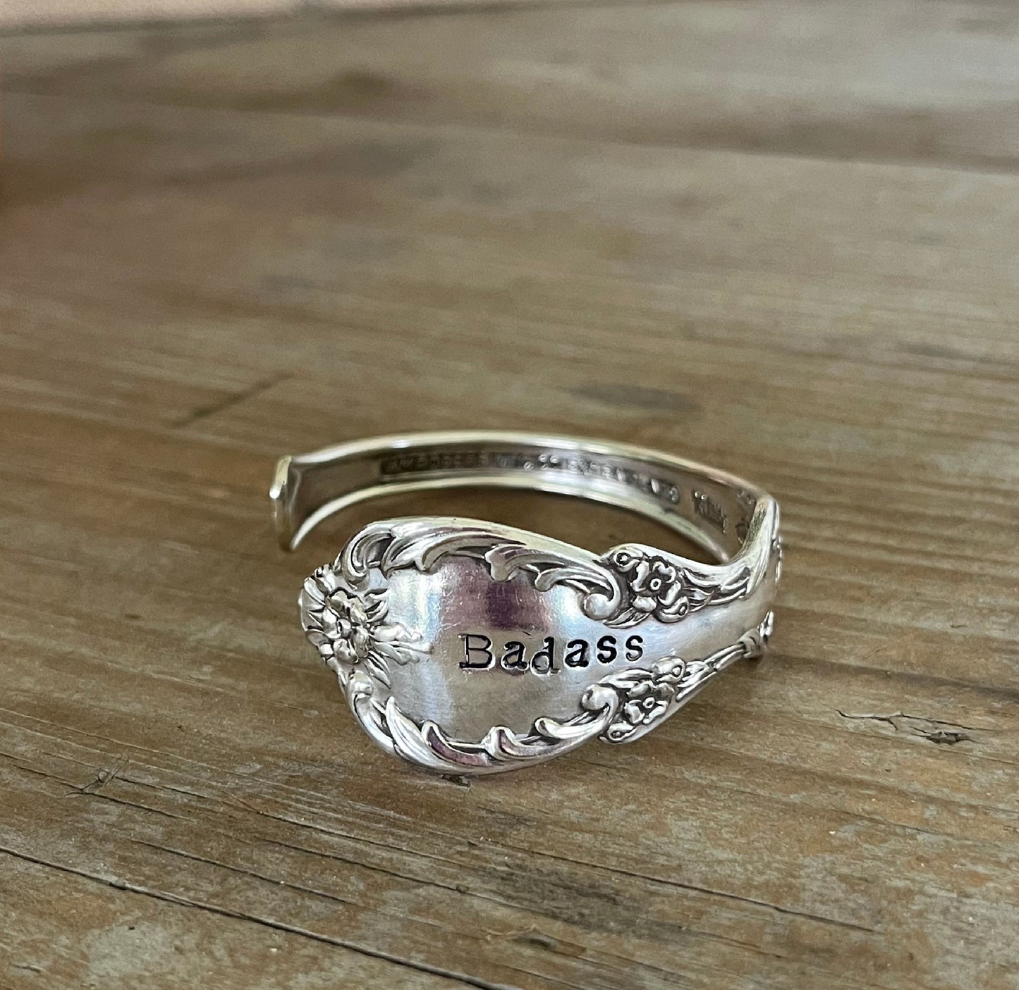 BADASS hand-stamped spoon cuff bracelet from 1959 William Rogers Grand Elegance - upcycled vintage silverware - Laughing Frog Studio