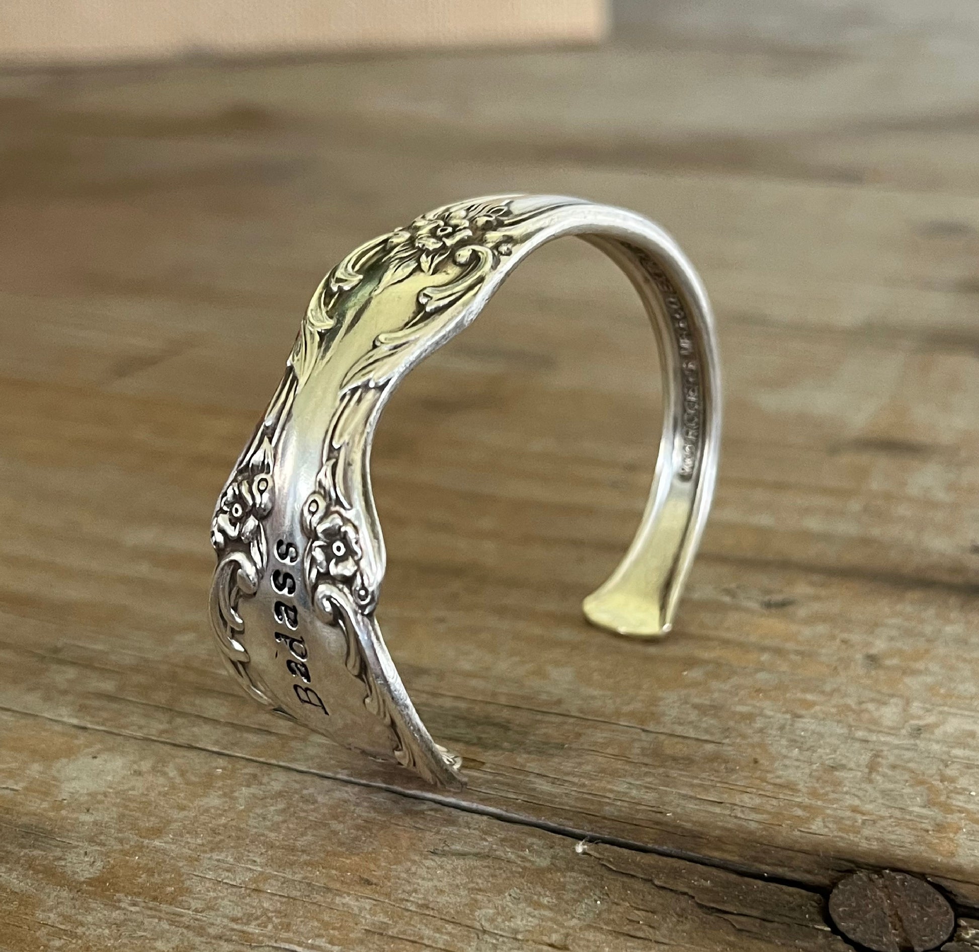Profile view of BADASS hand-stamped spoon cuff bracelet from  1959 William Rogers Grand Elegance pattern - upcycled vintage silverware - Laughing Frog Studio