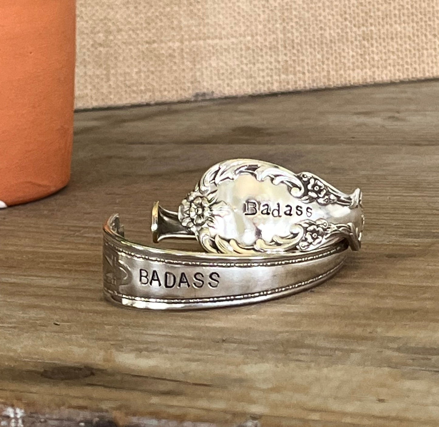Pair of BADASS hand-stamped spoon cuff bracelets - upcycled vintage silverware - Laughing Frog Studio