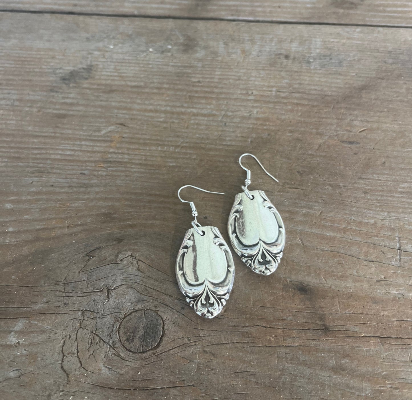 Silver Fashion pattern spoon handle drop earrings - spoon earrings - handcrafted from upcycled vintage silverware - Laughing Frog Studio