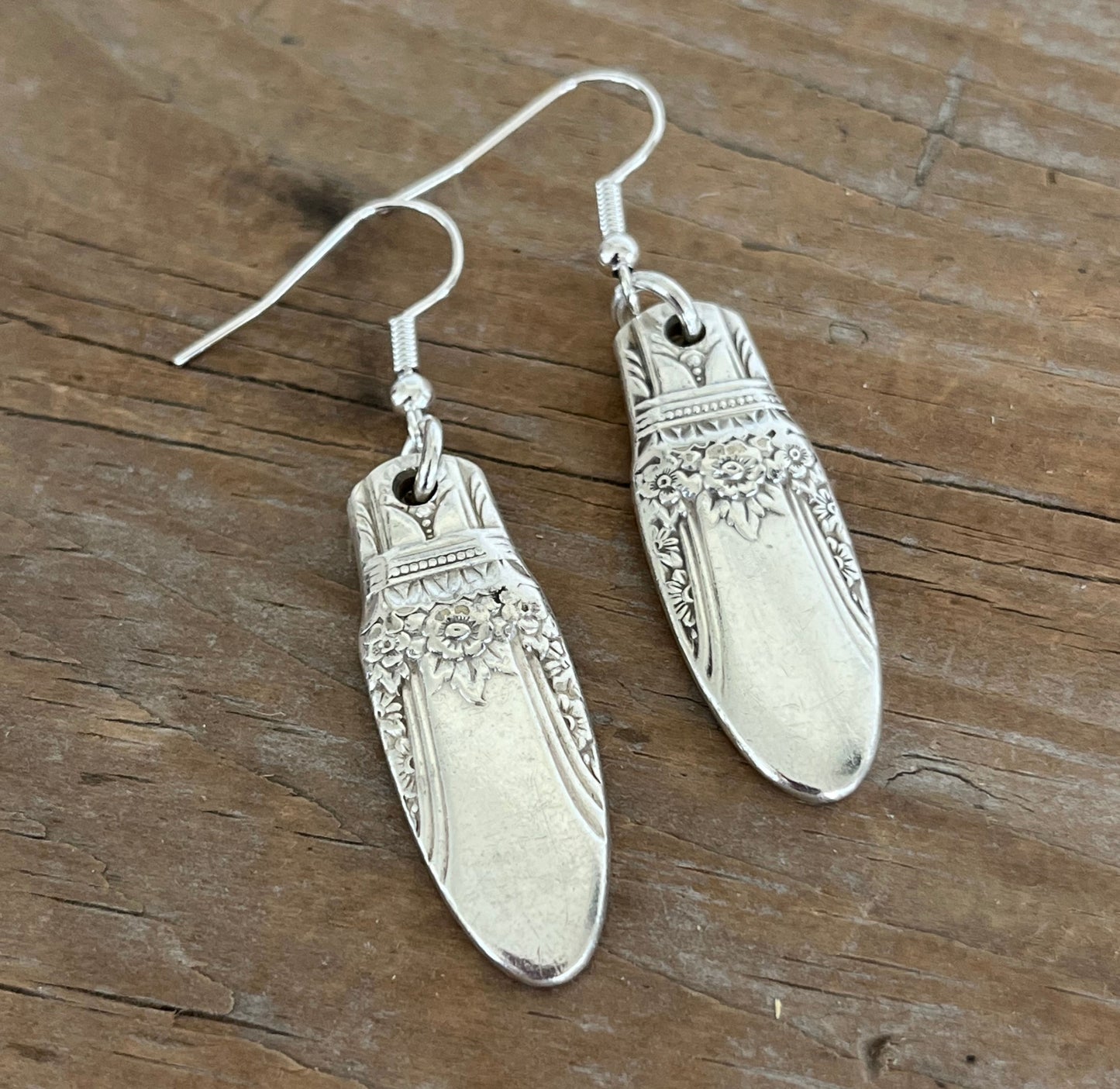 FIRST LOVE pattern spoon handle drop earrings - spoon earrings - handcrafted from upcycled vintage silverware - Laughing Frog Studio
