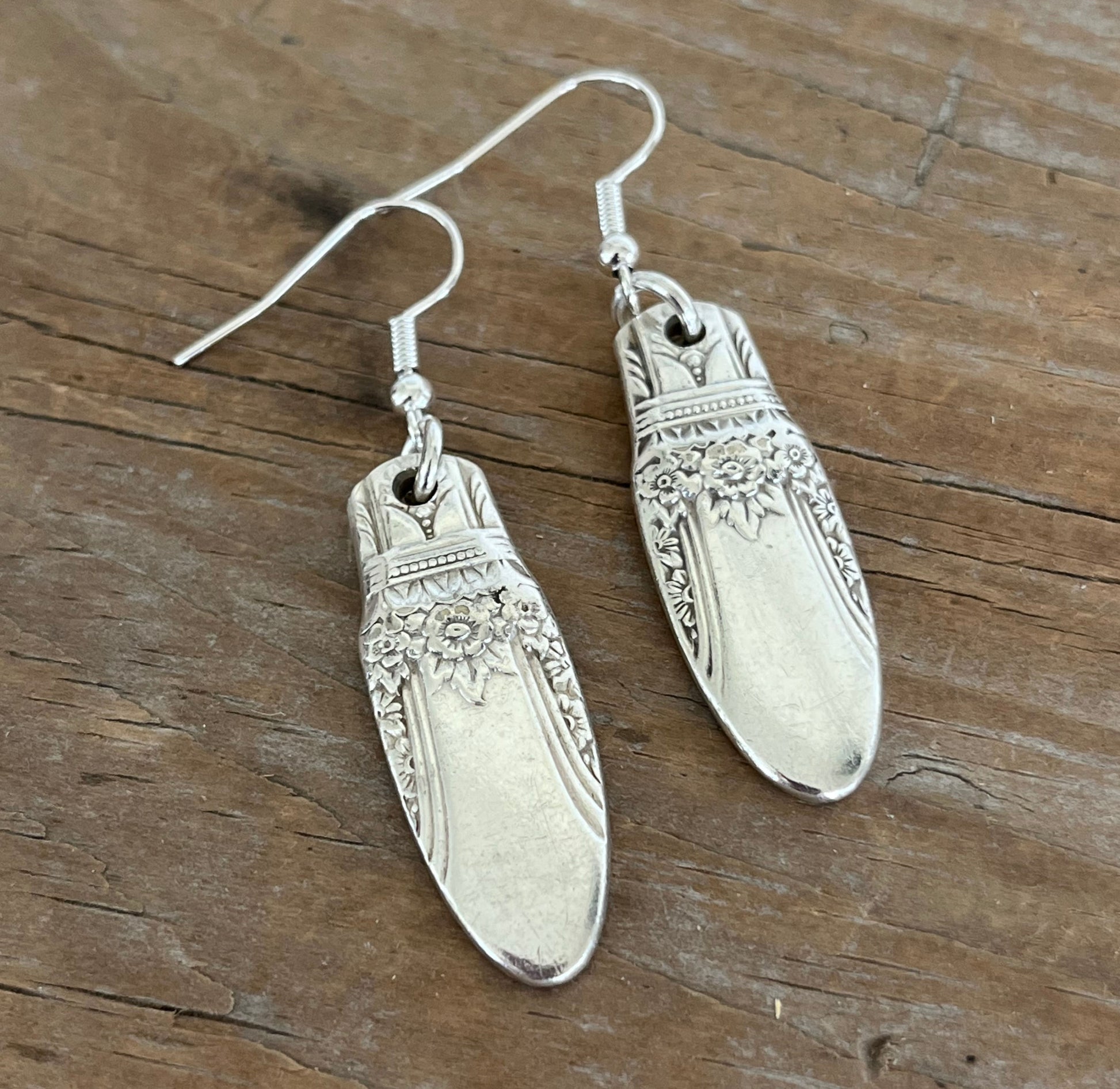 FIRST LOVE pattern spoon handle drop earrings - spoon earrings - handcrafted from upcycled vintage silverware - Laughing Frog Studio