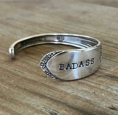 Close up of hand-stamping on Devonshire/Mary Lou BADASS hand-stamped spoon cuff bracelet - upcycled vintage silverware - Laughing Frog Studio