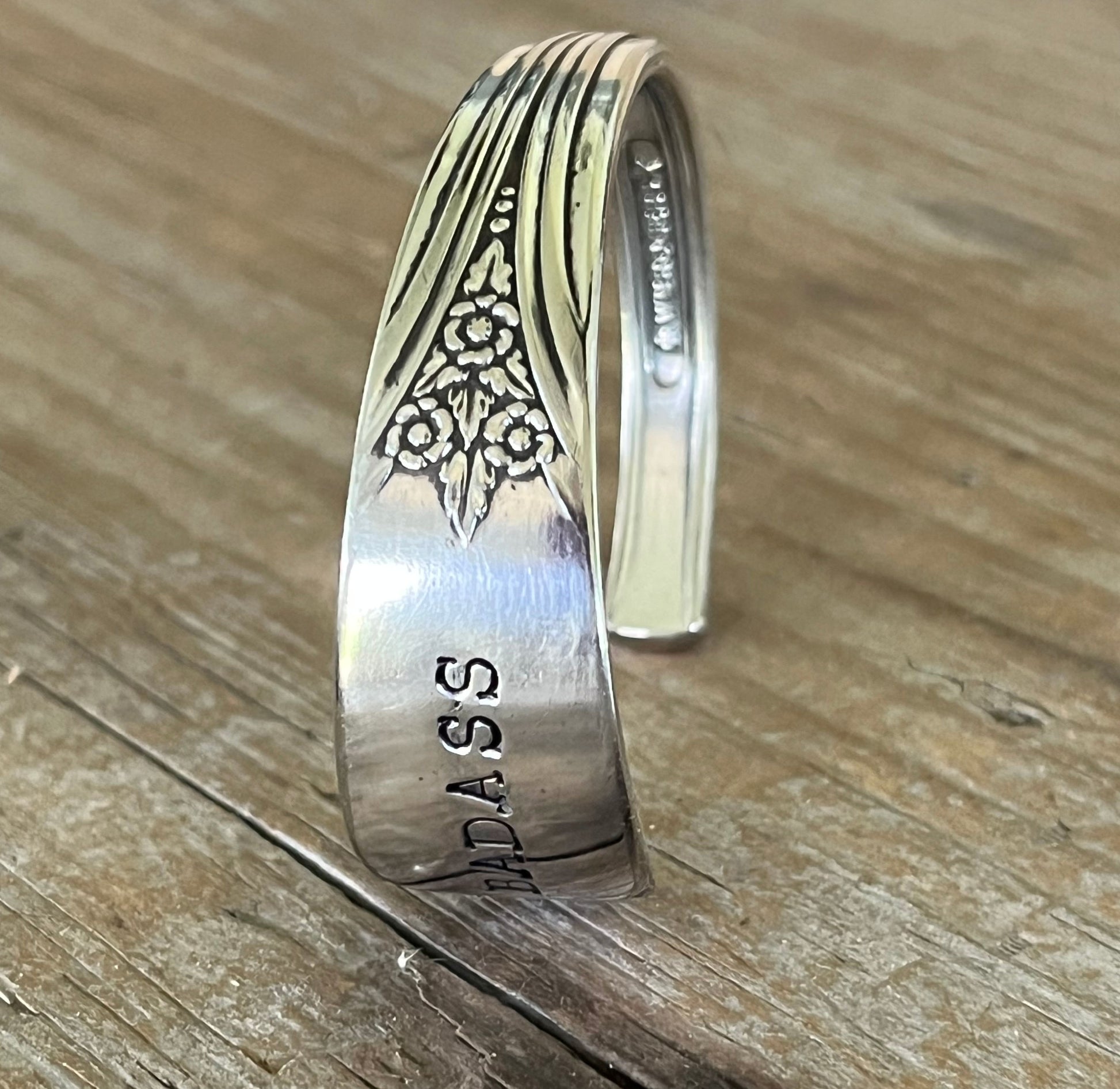 Standing view of Devonshire/Mary Lou BADASS hand-stamped spoon cuff bracelet - upcycled vintage silverware - Laughing Frog Studio
