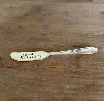 Hand-stamped "Who Cut the Cheese?" vintage silverware spreader William Rogers Memory/Hiawatha - handcrafted from upcycled vintage silverware - Laughing Frog Studio