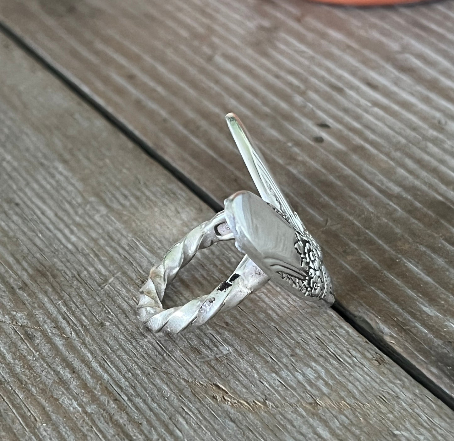 FIRST LOVE pattern sculpted heart statement ring highlighting twisted shank - handcrafted from upcycled vintage silverware - Laughing Frog Studio