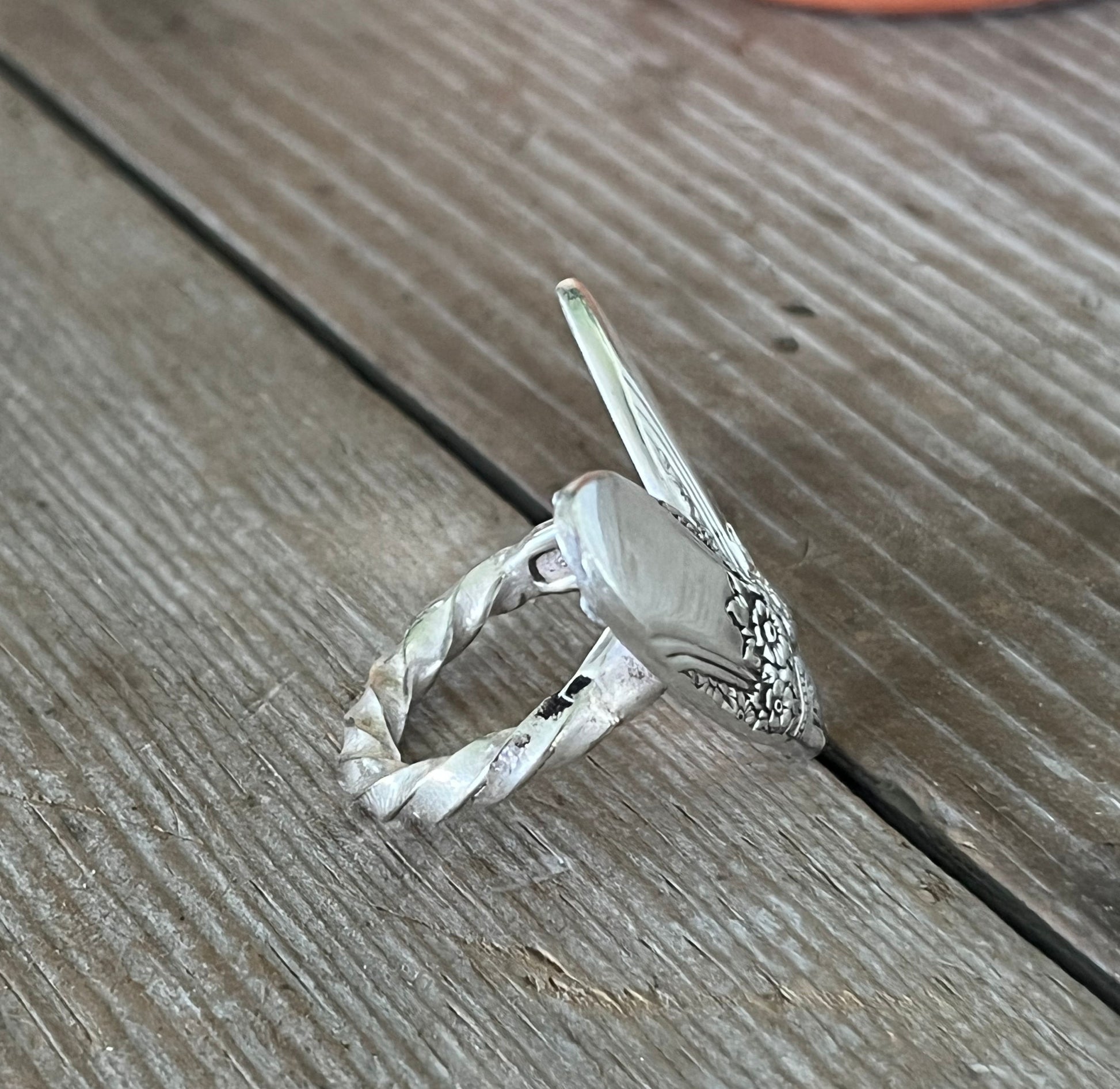 FIRST LOVE pattern sculpted heart statement ring highlighting twisted shank - handcrafted from upcycled vintage silverware - Laughing Frog Studio