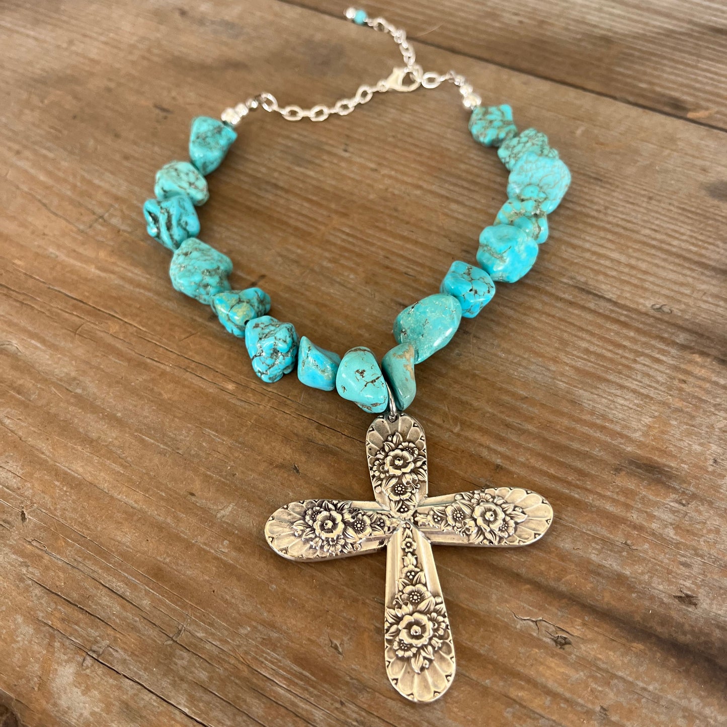 Full view of Jubliee by International Silver spoon cross pendant on chunky turquoise howlite bead choker necklace - handcrafted from upcycled vintage silverware - Laughing Frog Studio