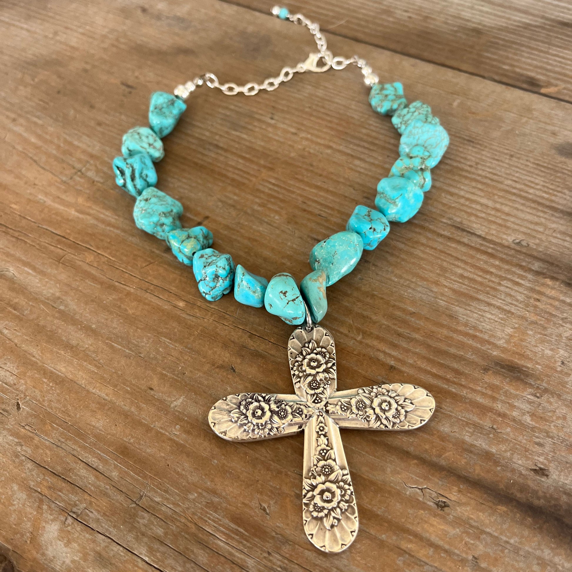 Full view of Jubliee by International Silver spoon cross pendant on chunky turquoise howlite bead choker necklace - handcrafted from upcycled vintage silverware - Laughing Frog Studio