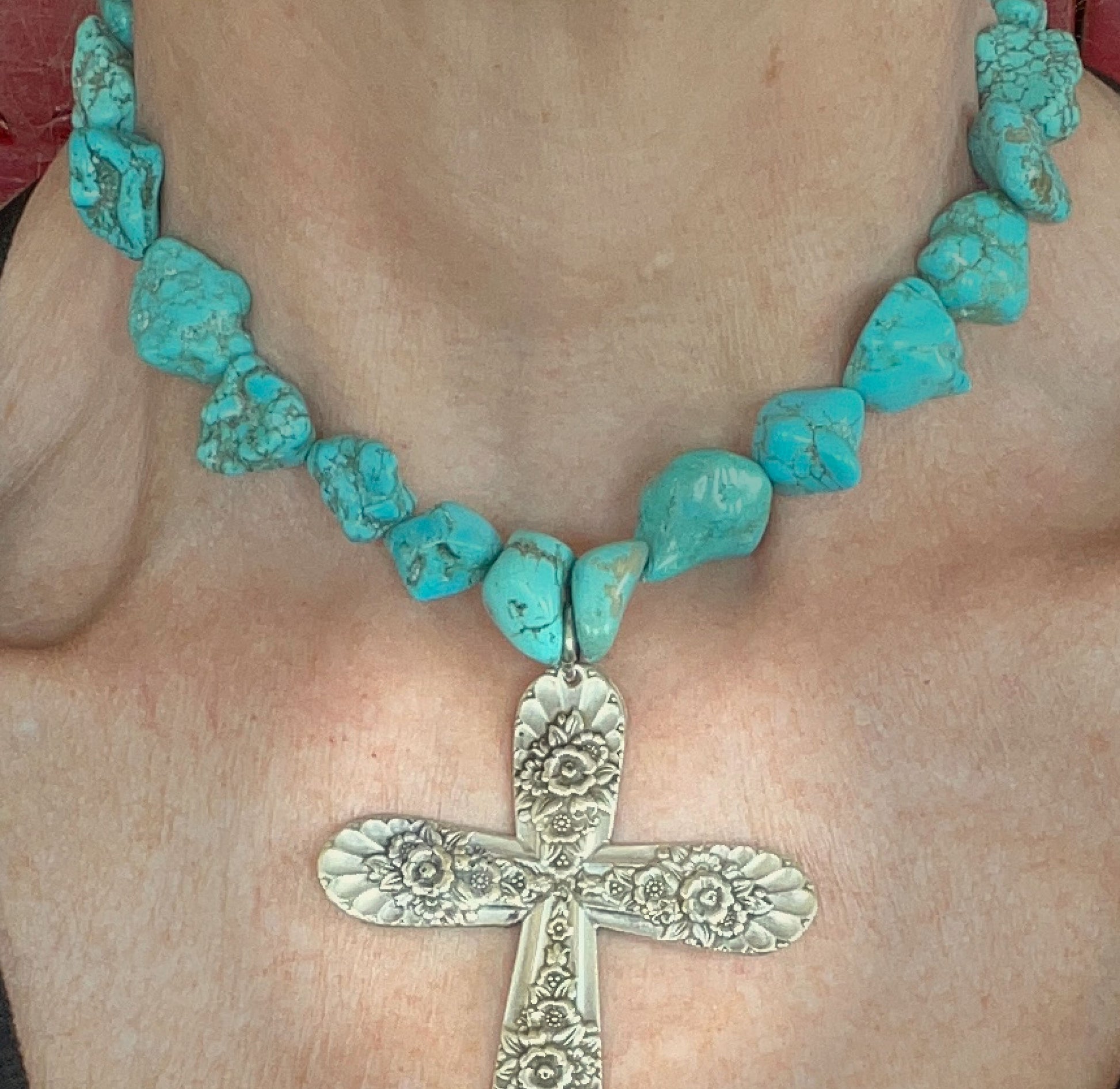 Jubliee by International Silver spoon cross pendant on chunky turquoise howlite bead choker on model - handcrafted from upcycled vintage silverware - Laughing Frog Studio
