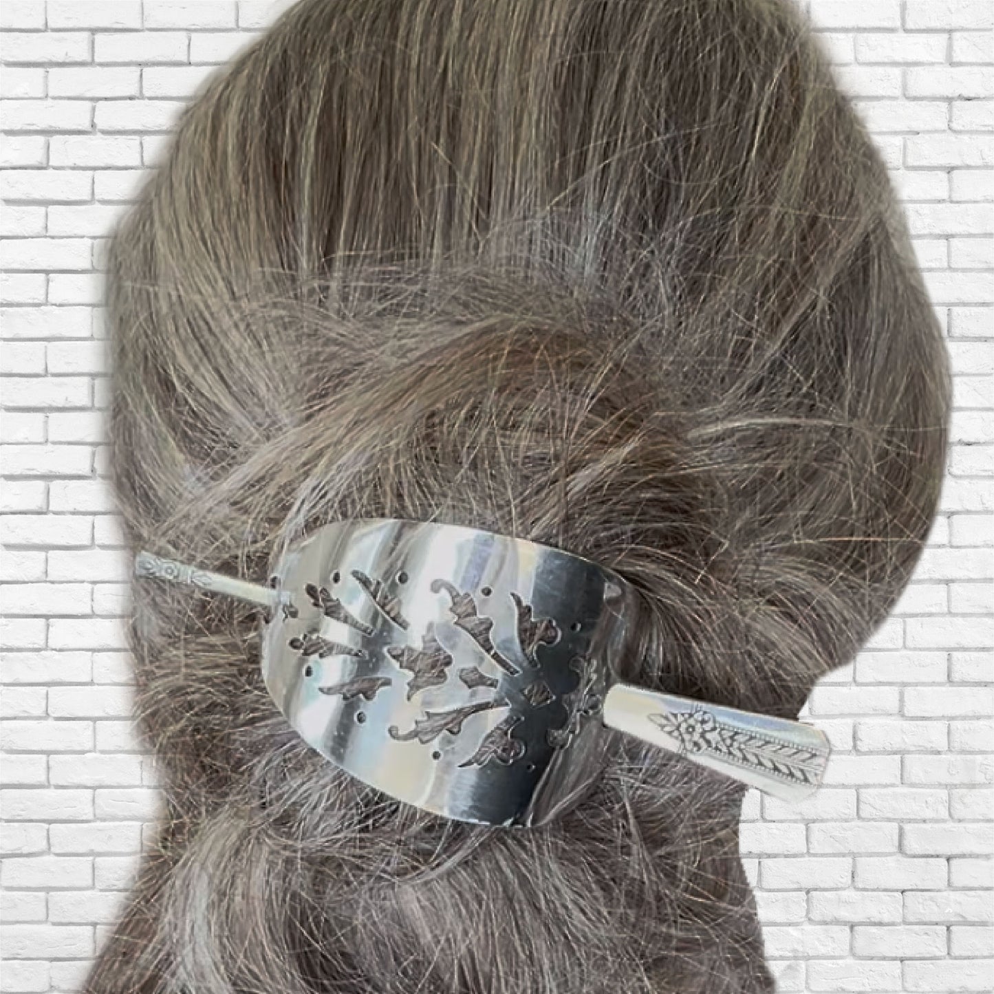 Side view of cake server hair barrette with Vernon Silverplate Romford stick worn in hair - handcrafted upcycled vintage silverware hair accessory - Laughing Frog Studio