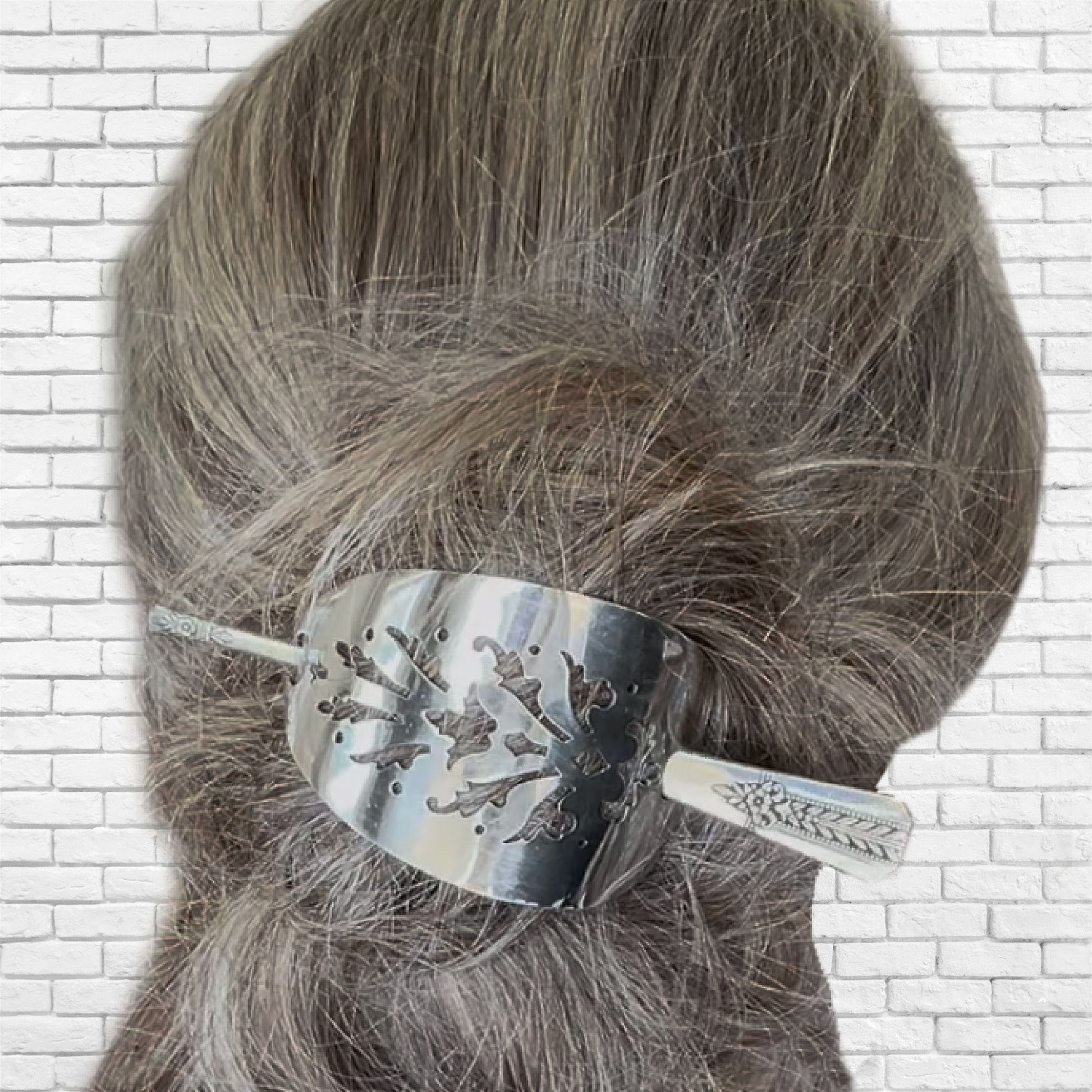 Side view of cake server hair barrette with Vernon Silverplate Romford stick worn in hair - handcrafted upcycled vintage silverware hair accessory - Laughing Frog Studio