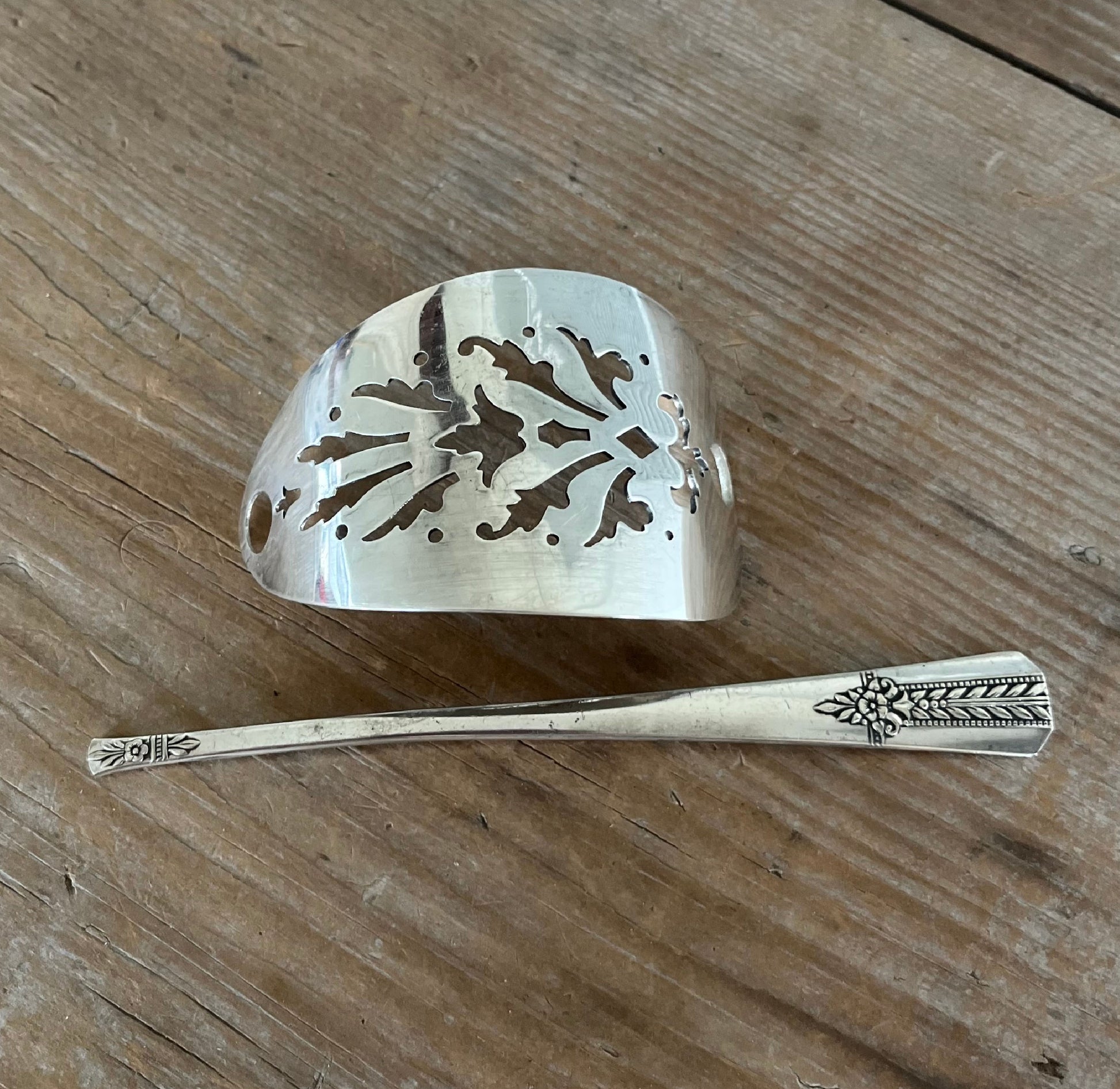 Pieces view of cake server hair barrette with iced tea spoon stick - handcrafted upcycled vintage silverware hair accessory - Laughing Frog Studio