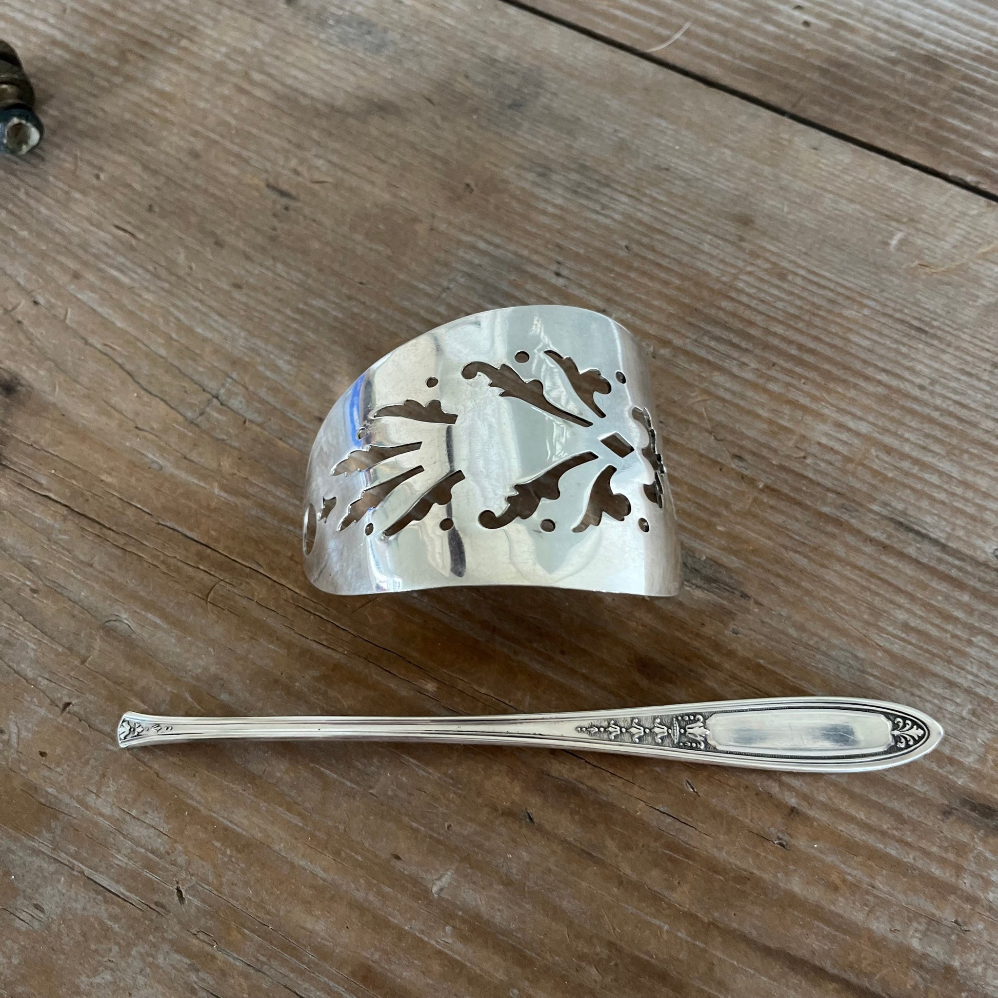 Cake server hair barrette with filigree cutout and Enchantment flower stick pin - handcrafted upcycled vintage silverware hair accessory - Laughing Frog Studio