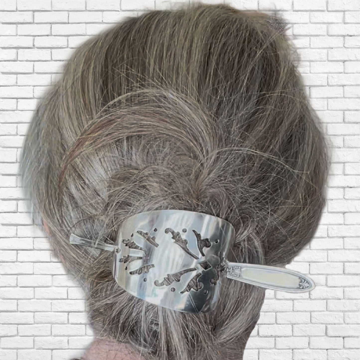 Cake server hair barrette with filigree cutout and SL & GH Rogers Enchantment pattern stick shown in hair - handcrafted upcycled vintage silverware hair accessory - Laughing Frog Studio