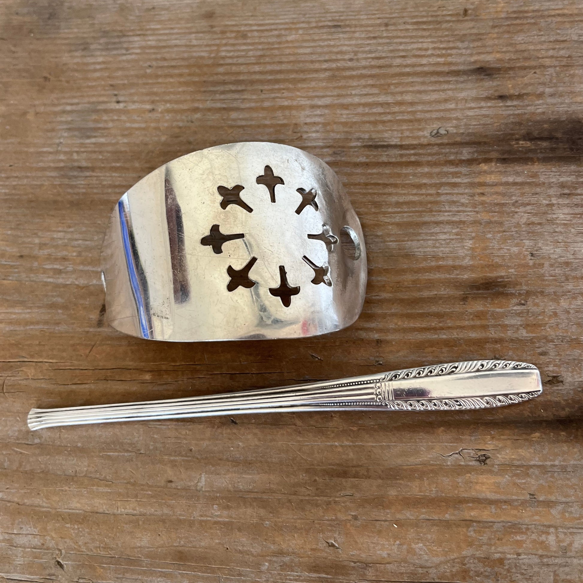 Cake server hair barrette with Wallace Brothers Sharon stick view of both pieces - handcrafted upcycled vintage silverware hair accessory - Laughing Frog Studio