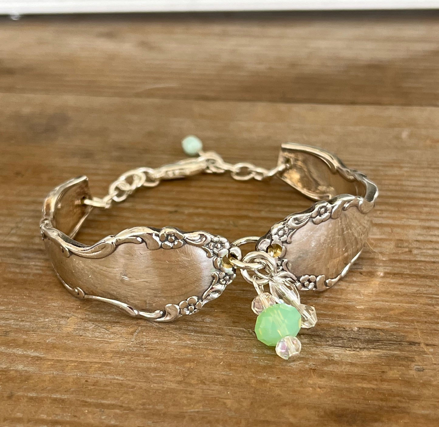 Oneida Dover pattern spoon link bracelet with glass beads - handcrafted from upcycled vintage silverware - Laughing Frog Studio