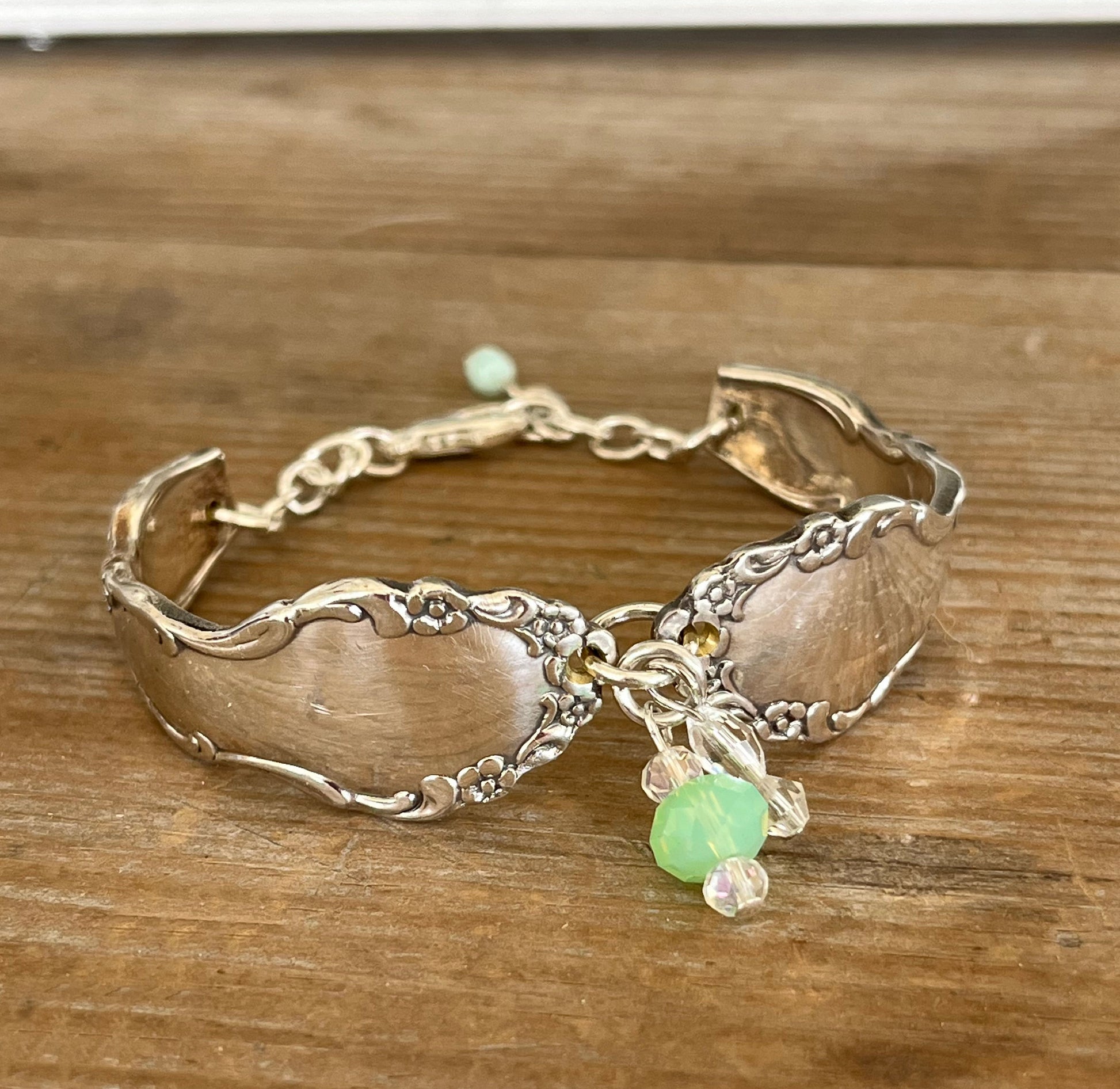 Oneida Dover pattern spoon link bracelet with glass beads - handcrafted from upcycled vintage silverware - Laughing Frog Studio