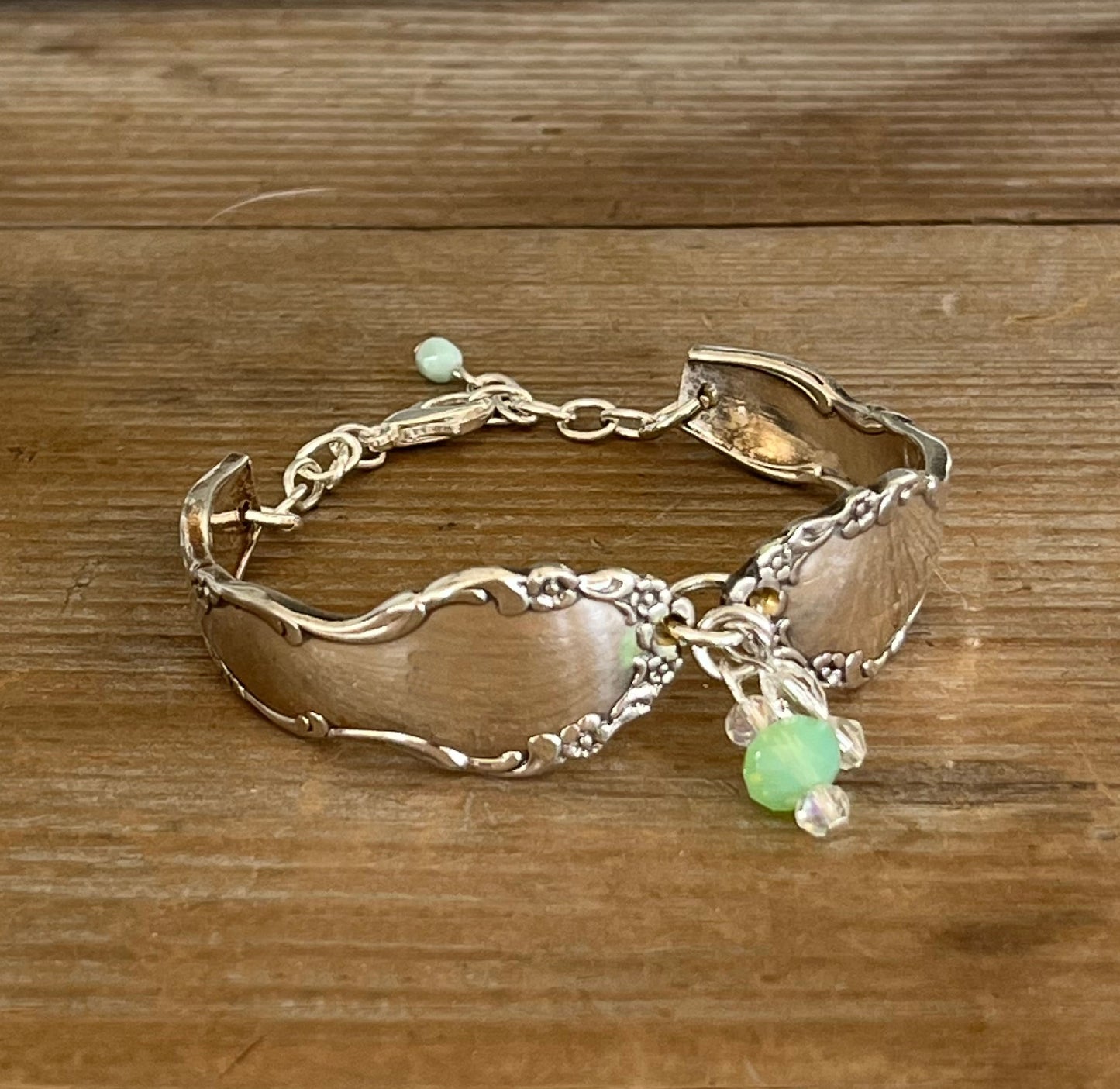 Eco-friendly Oneida Dover pattern spoon link bracelet with glass beads - handcrafted from upcycled vintage silverware - Laughing Frog Studio