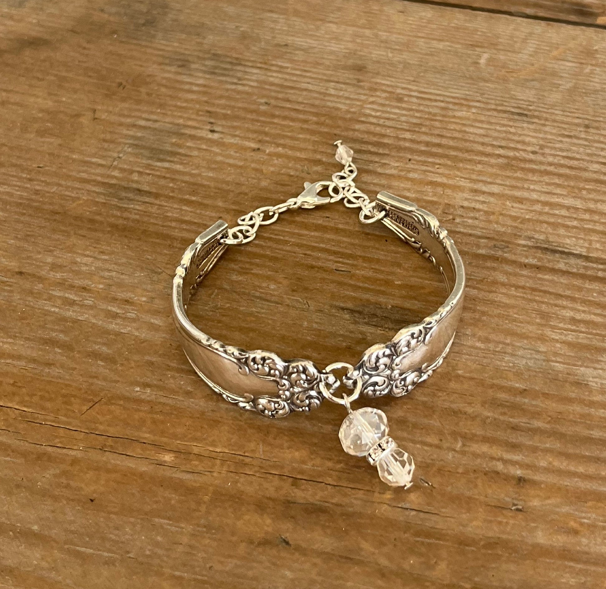 Holmes & Edwards Imperial pattern spoon link bracelet with glass beads - handcrafted from upcycled vintage silverware - Laughing Frog Studio