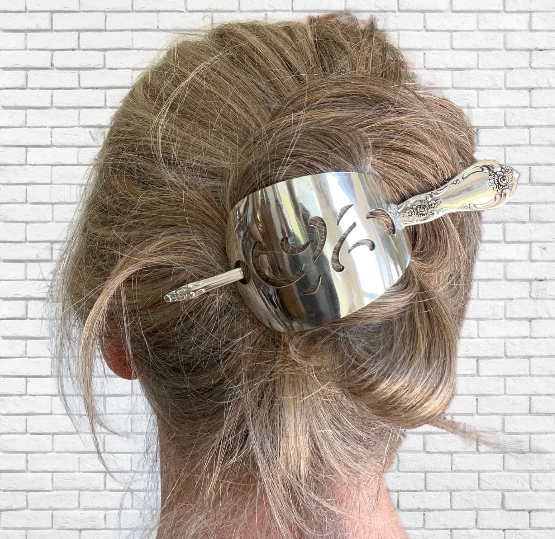 Oneida Vanessa/Francesca cake server hair barrette worn in hair with stick - handcrafted from upcycled vintage silverware - Laughing Frog Studio