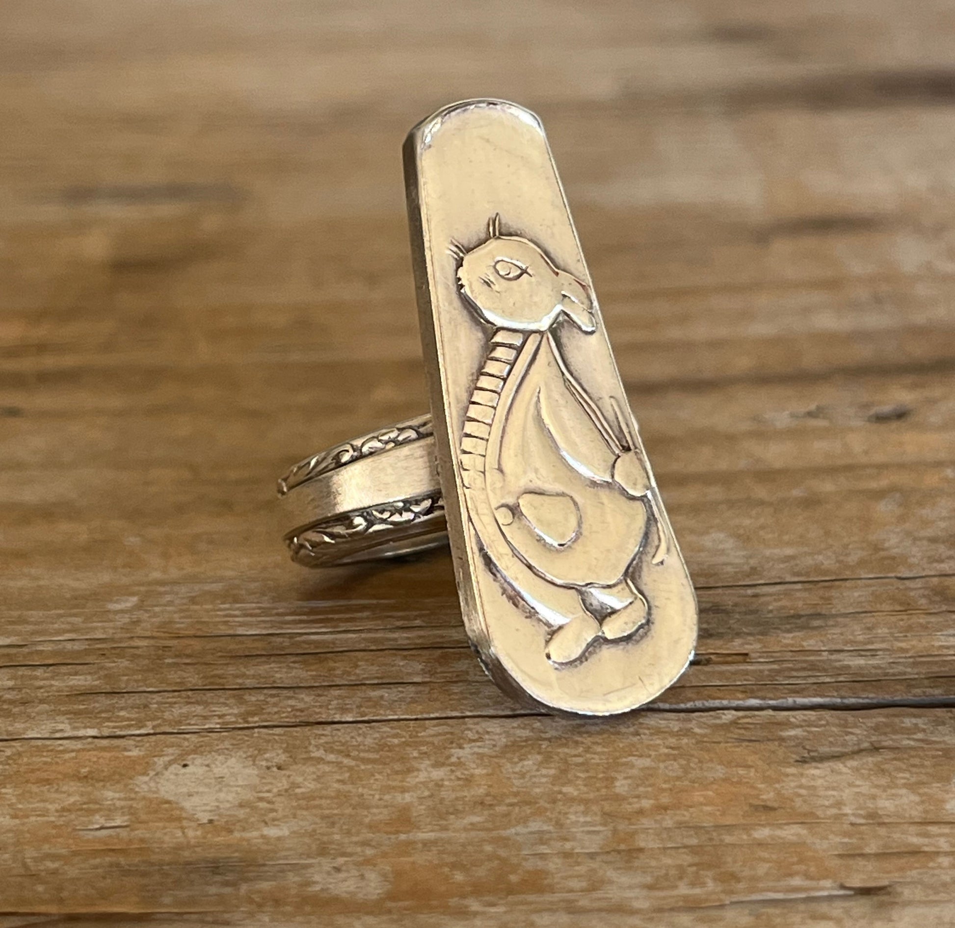 Peter Rabbit bunny spoon ring made from vintage children's spoon - upcycled silverware jewelry - Laughing Frog Studio