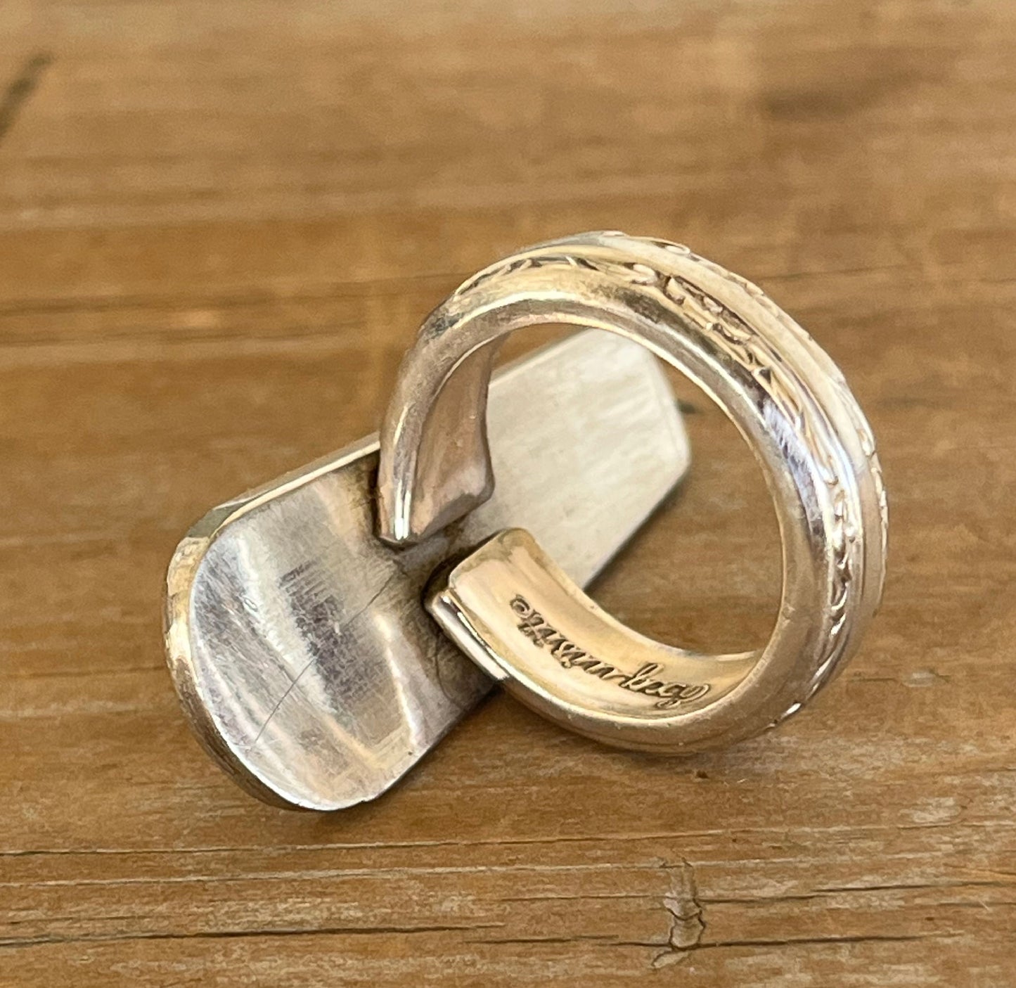 Detail of vintage Grenadier Mfg. children's spoon transformed into Peter Rabbit statement ring - upcycled silverware jewelry- Laughing Frog Studio