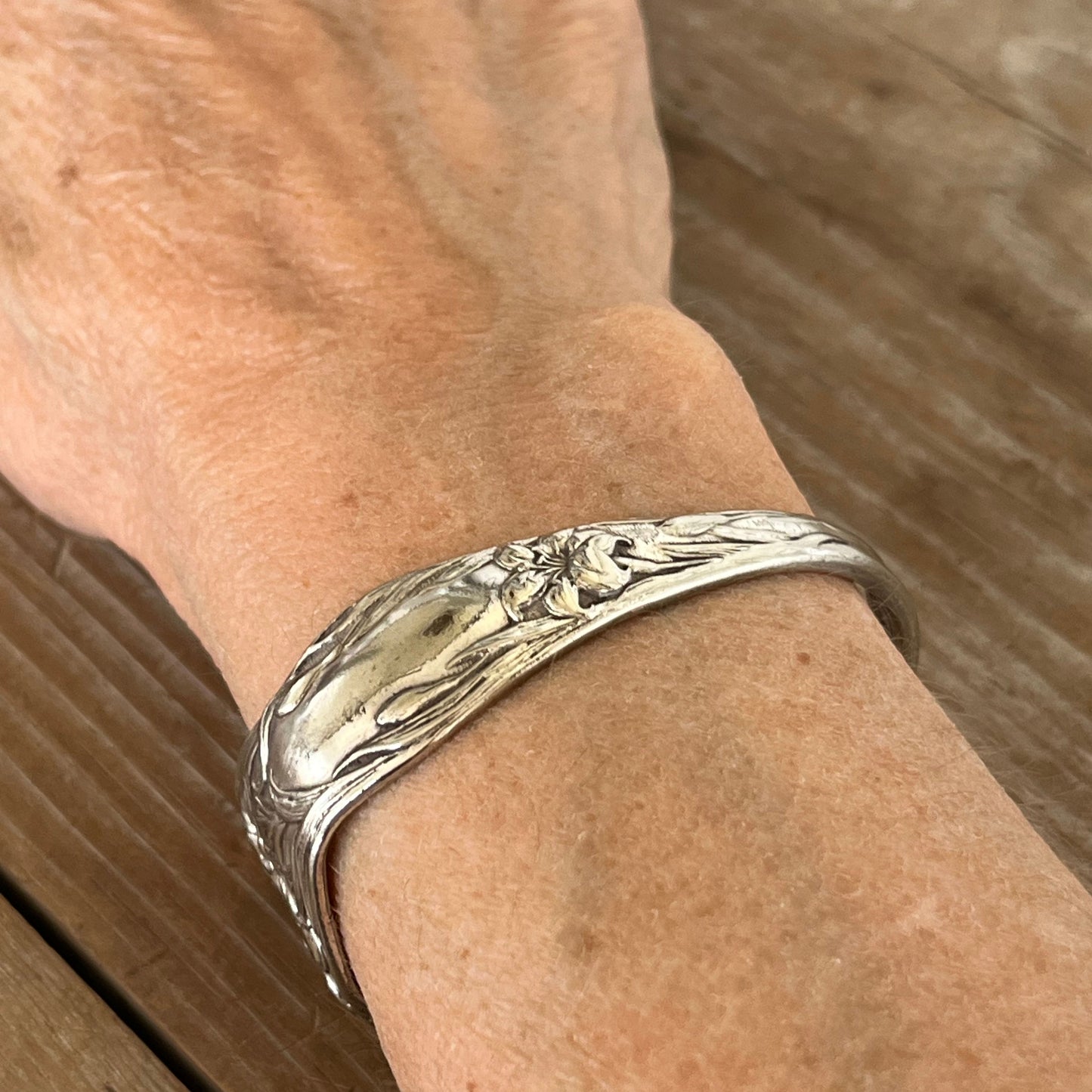 Stratford Silverplate Lilyta pattern spoon cuff bracelet worn by model - upcycled vintage silverware - Laughing Frog Studio