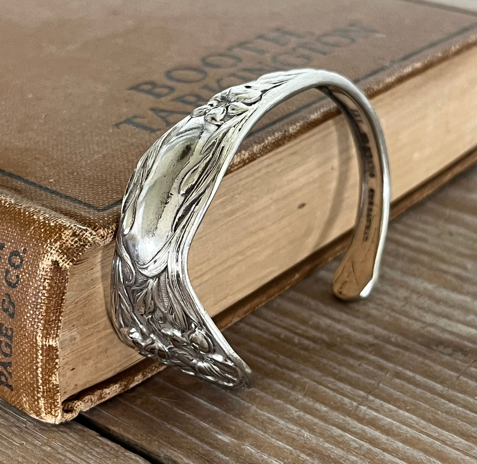 Stratford Silverplate Lilyta pattern spoon cuff bracelet - upcycled vintage silverware - Laughing Frog Studio