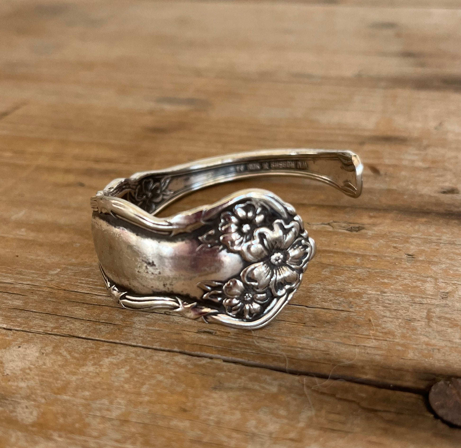 Arbutus pattern spoon cuff bracelet - William Rogers & Son - upcycled vintage silverware - Laughing Frog Studio
