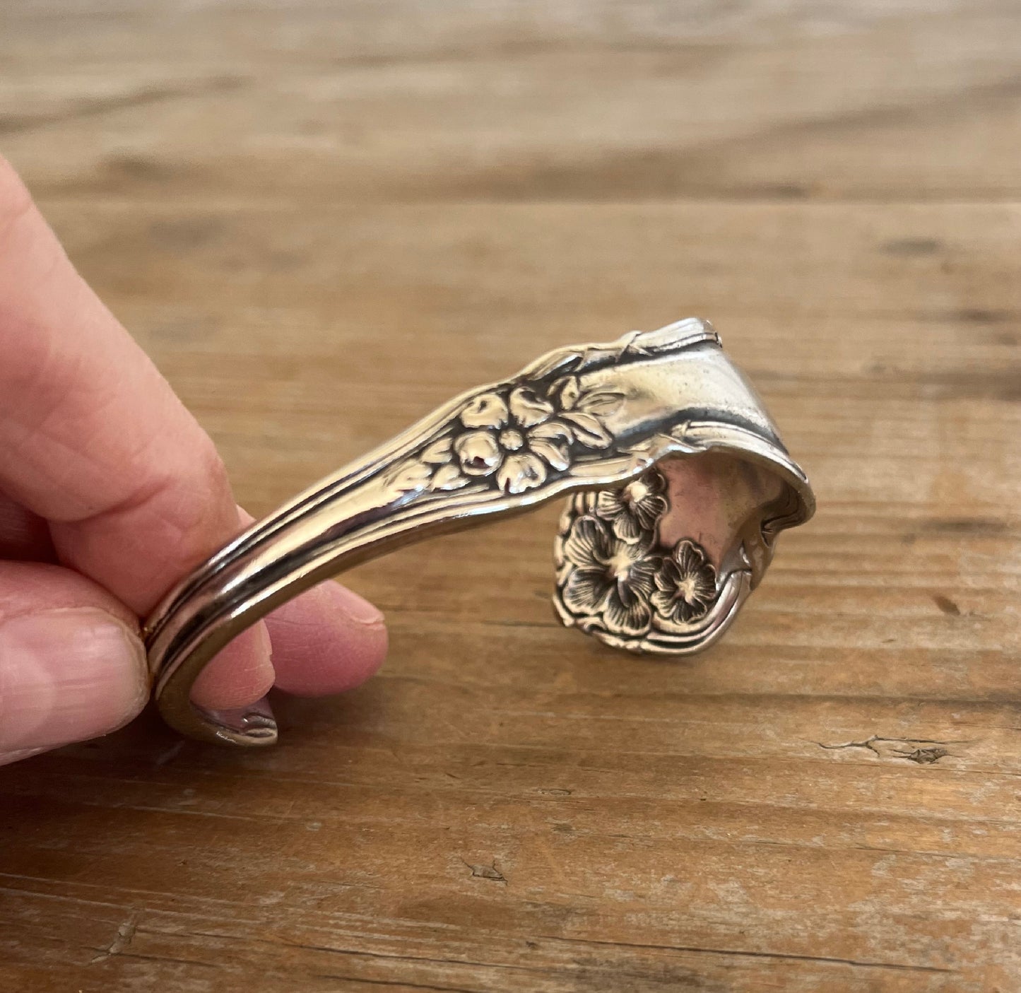 Detail view of Arbutus pattern spoon cuff bracelet - William Rogers & Son - upcycled vintage silverware - Laughing Frog Studio