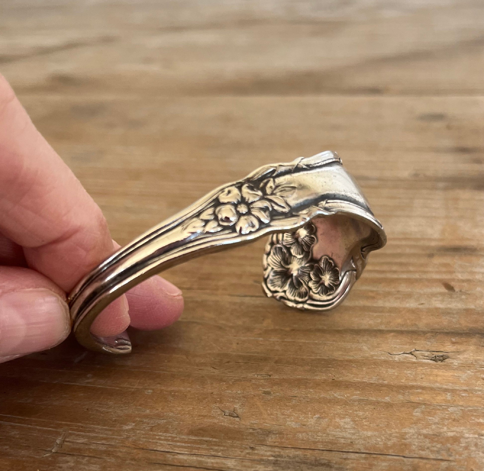 Detail view of Arbutus pattern spoon cuff bracelet - William Rogers & Son - upcycled vintage silverware - Laughing Frog Studio