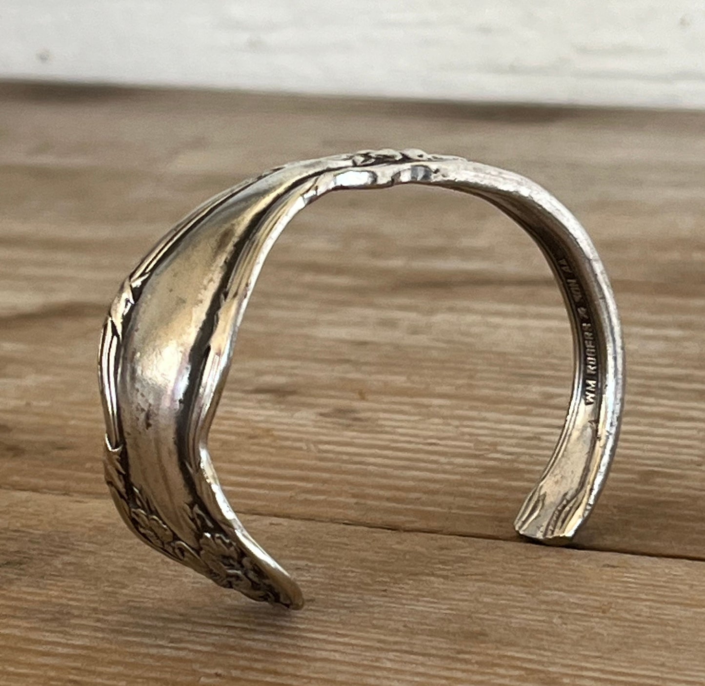 Upcycled vintage spoon cuff bracelet Arbutus pattern - handcrafted artisan silverware jewelry