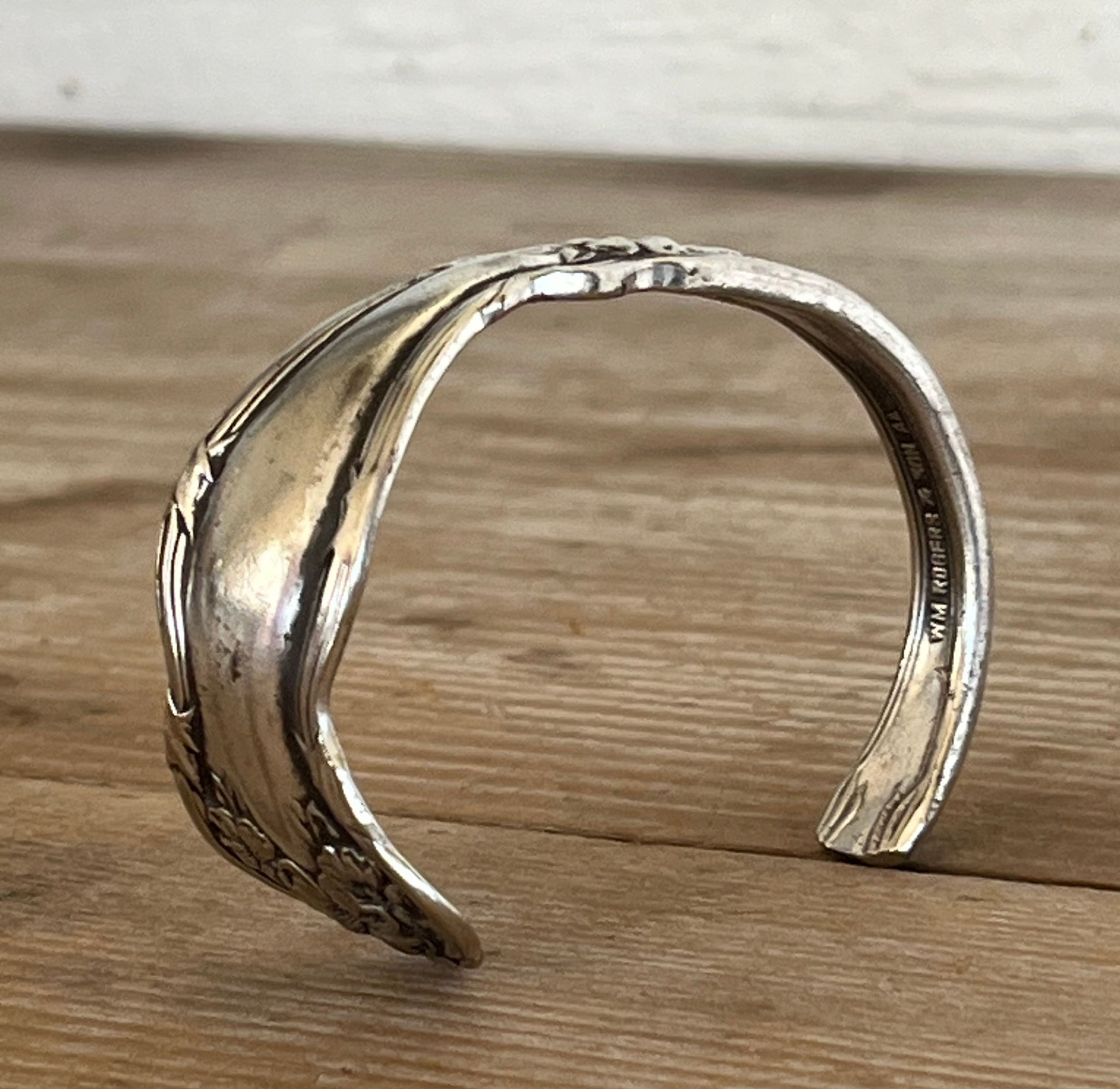 Upcycled vintage spoon cuff bracelet Arbutus pattern - handcrafted artisan silverware jewelry