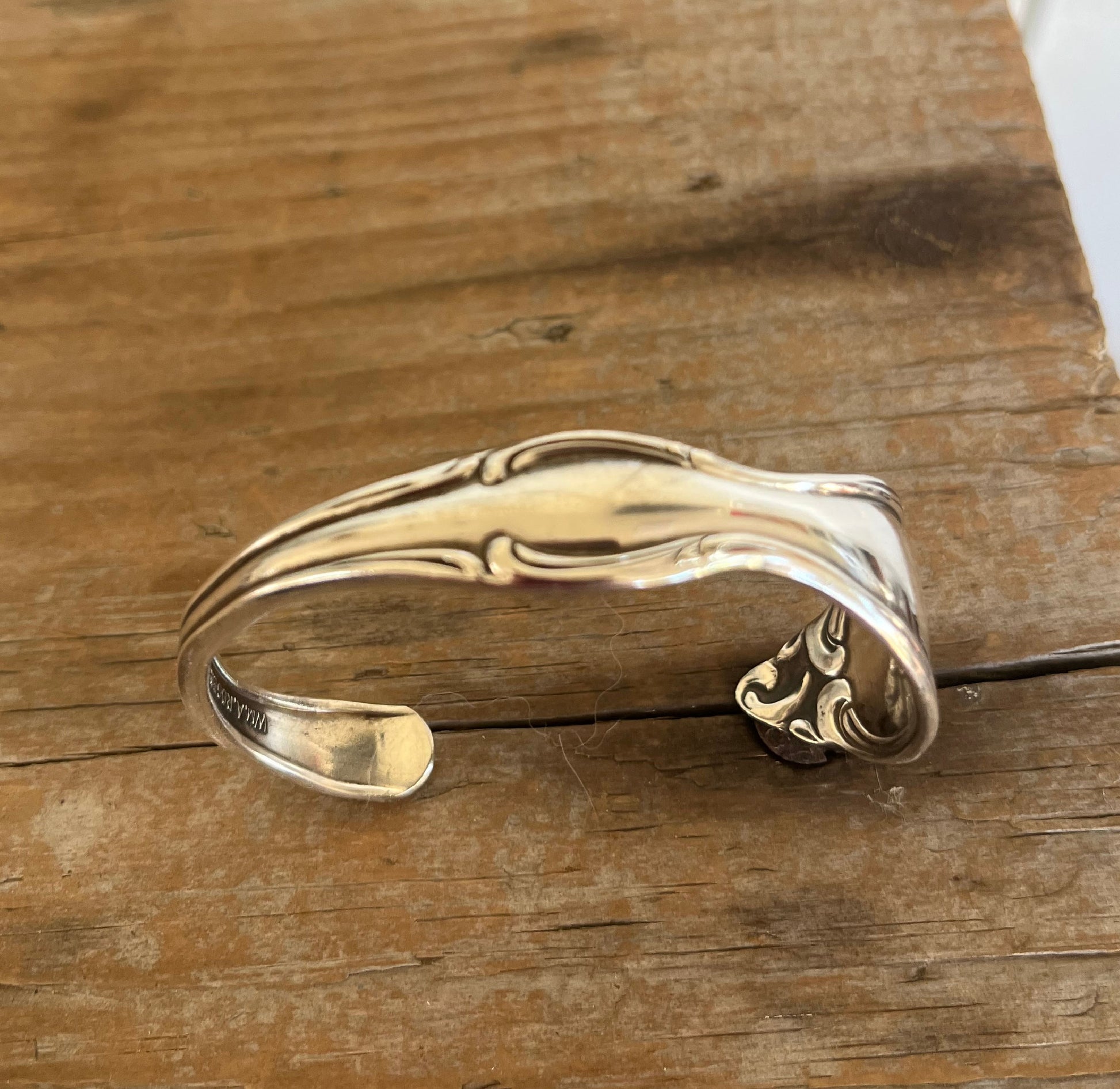 Top view of Old South spoon cuff bracelet - vintage 1949 Oneida silverplate with decorative border - upcycled vintage silverware - Laughing Frog Studio