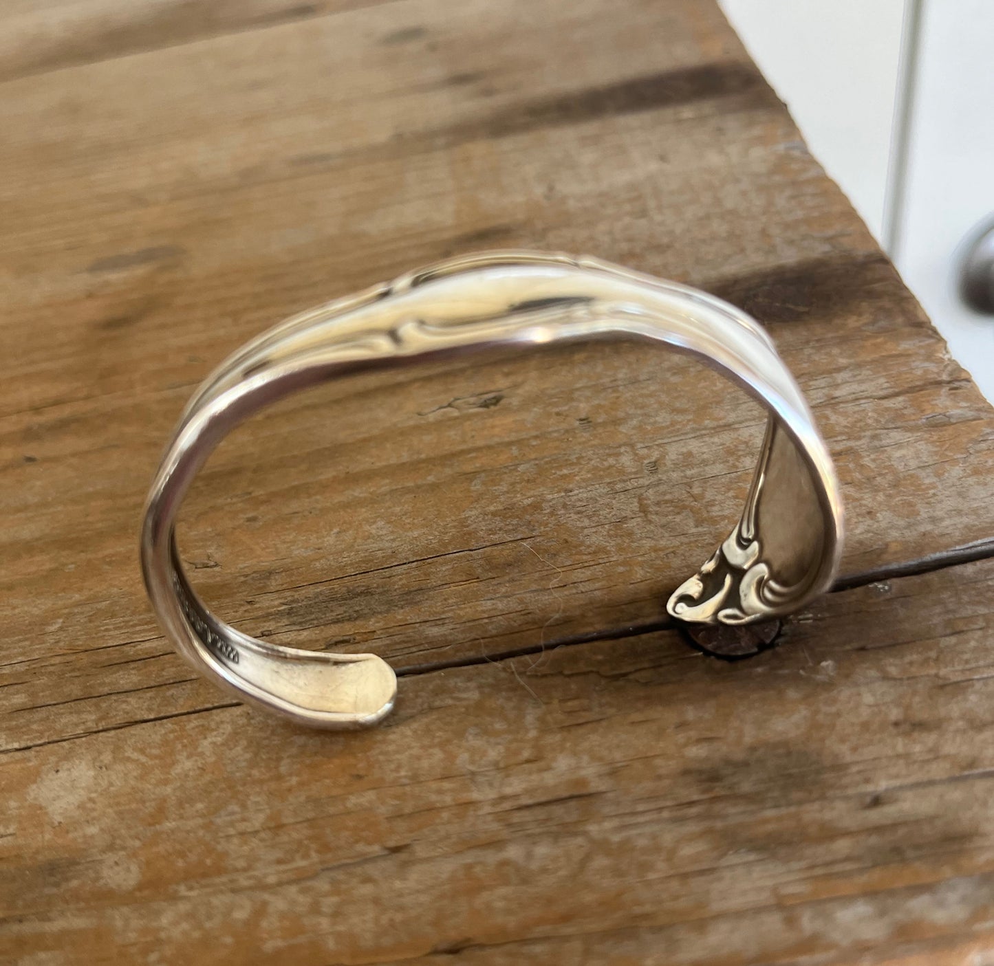 Side view of Old South spoon cuff bracelet - vintage 1949 Oneida silverplate with decorative border - upcycled vintage silverware - Laughing Frog Studio