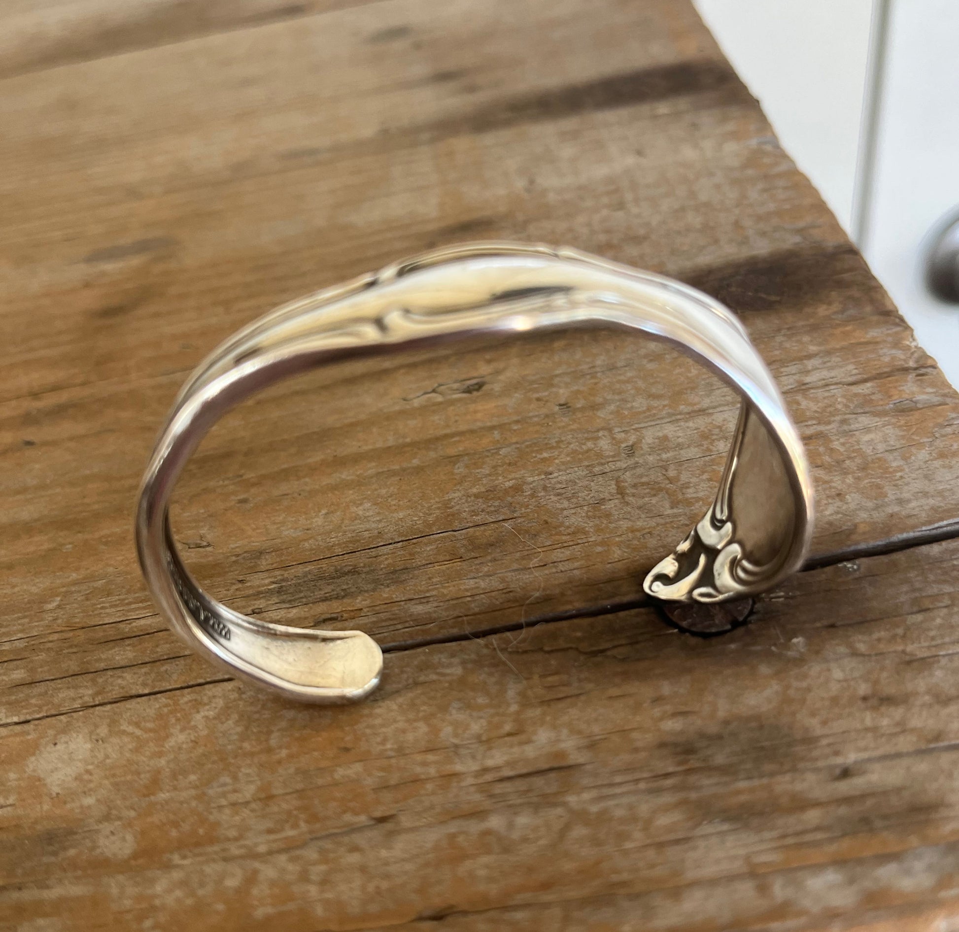 Side view of Old South spoon cuff bracelet - vintage 1949 Oneida silverplate with decorative border - upcycled vintage silverware - Laughing Frog Studio