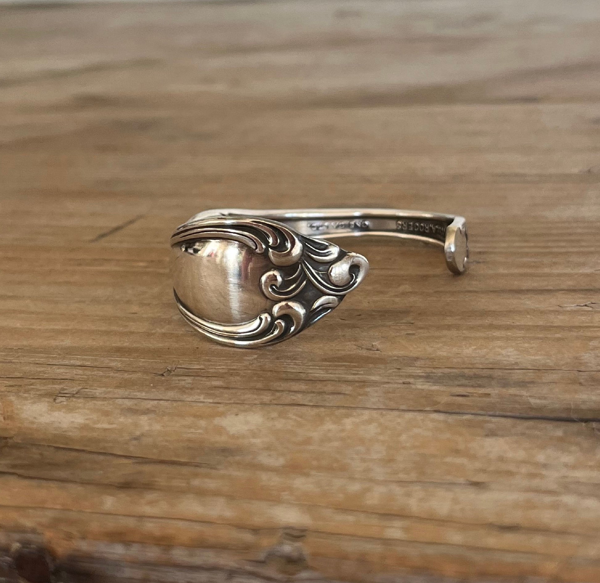 Alternate view of 1949 Oneida Old South spoon cuff bracelet with decorative border - upcycled vintage silverware - Laughing Frog Studio