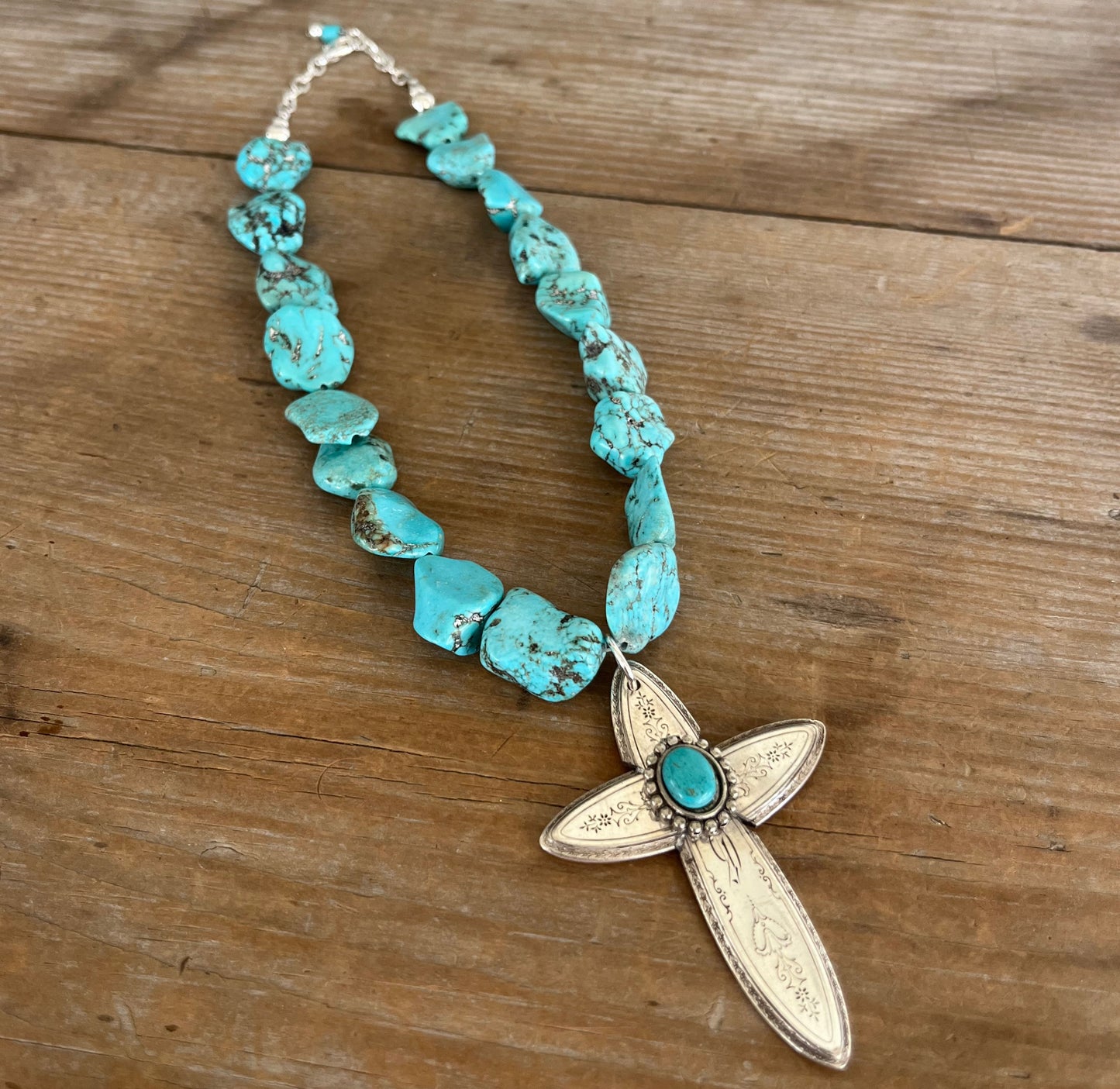 Handcrafted spoon cross pendant on chunky turquoise howlite choker necklace - upcycled from vintage Argosy silverware - Laughing Frog Studio