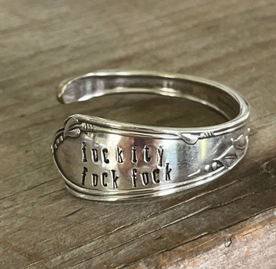 FUCKITY FUCK FUCK hand-stamped spoon cuff bracelet - Stamped Spoon Bracelet - handcrafted from upcycled vintage silverware - Laughing Frog Studio