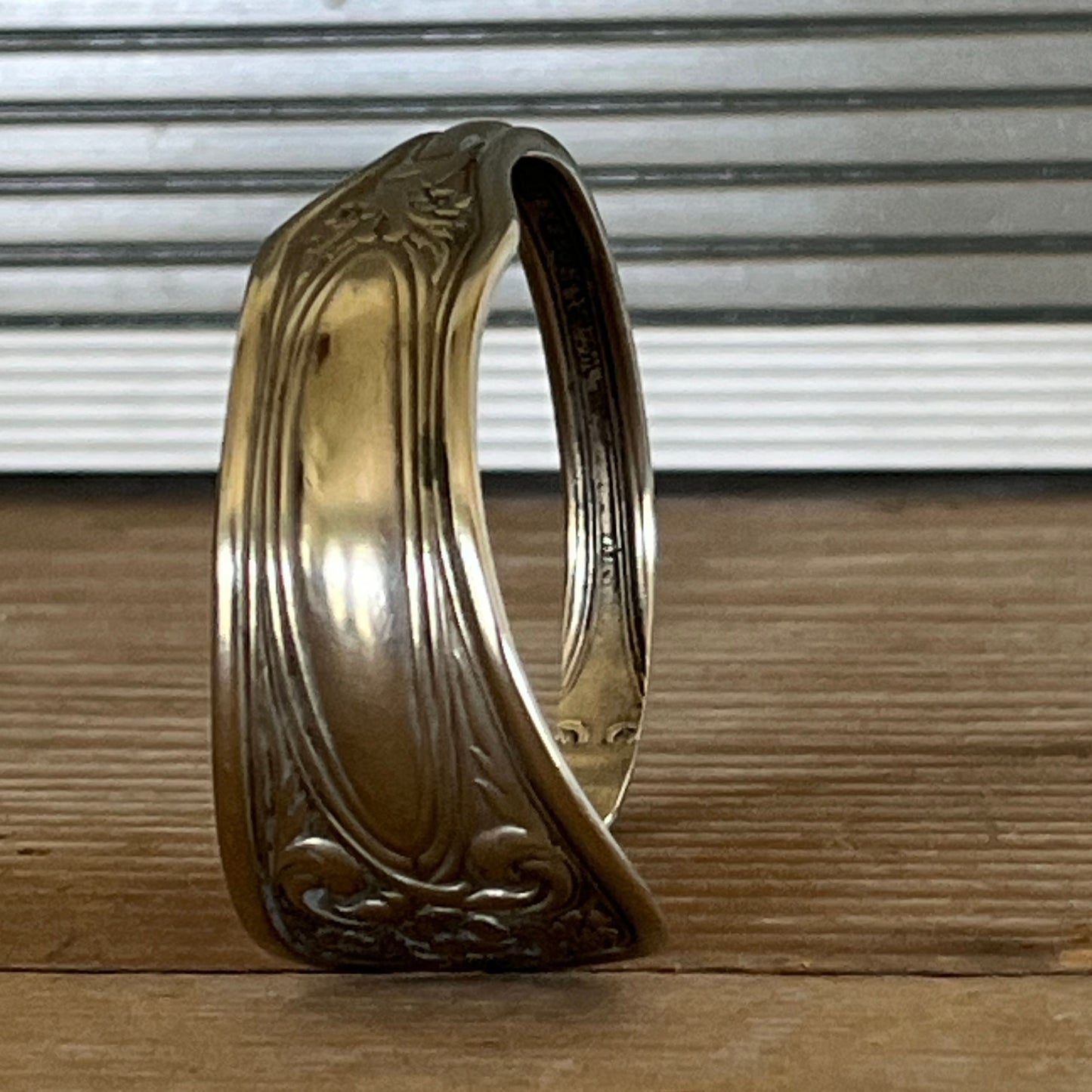 Vintage silverplate spoon cuff bracelet side view - handcrafted from upcycled vintage silverware - Laughing Frog Studio