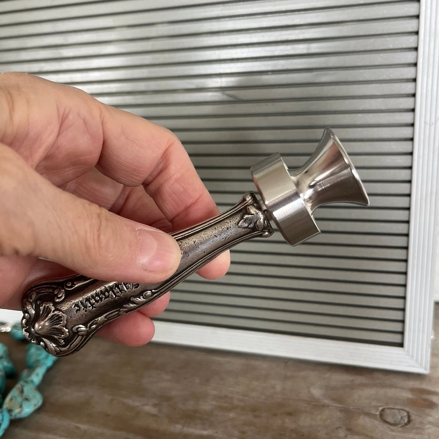 Gorham Regent knife bottle opener with Atlantic monogram  shown in hand - handcrafted upcycled 1903 vintage silverplate accessory - Laughing Frog Studio