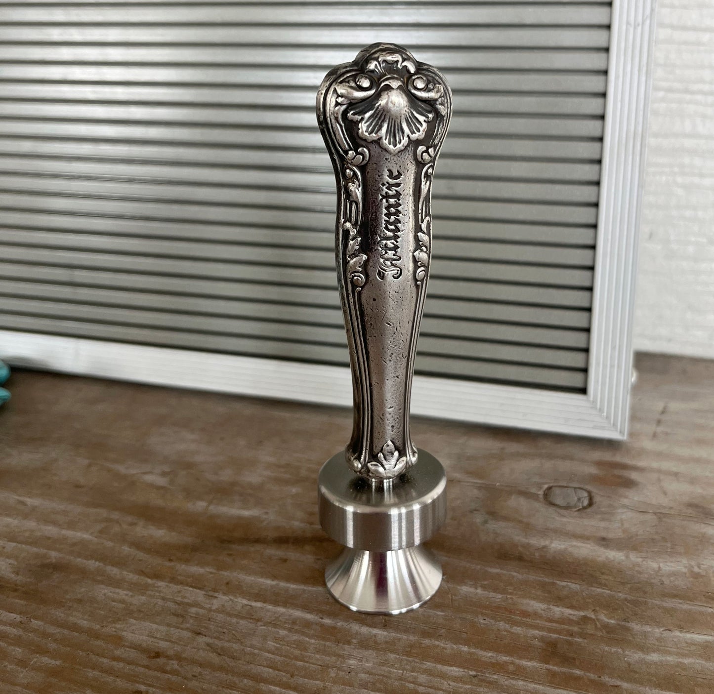 Alternate view of Gorham Regent knife bottle opener with Atlantic monogram - handcrafted upcycled 1903 vintage silverplate accessory - Laughing Frog Studio
