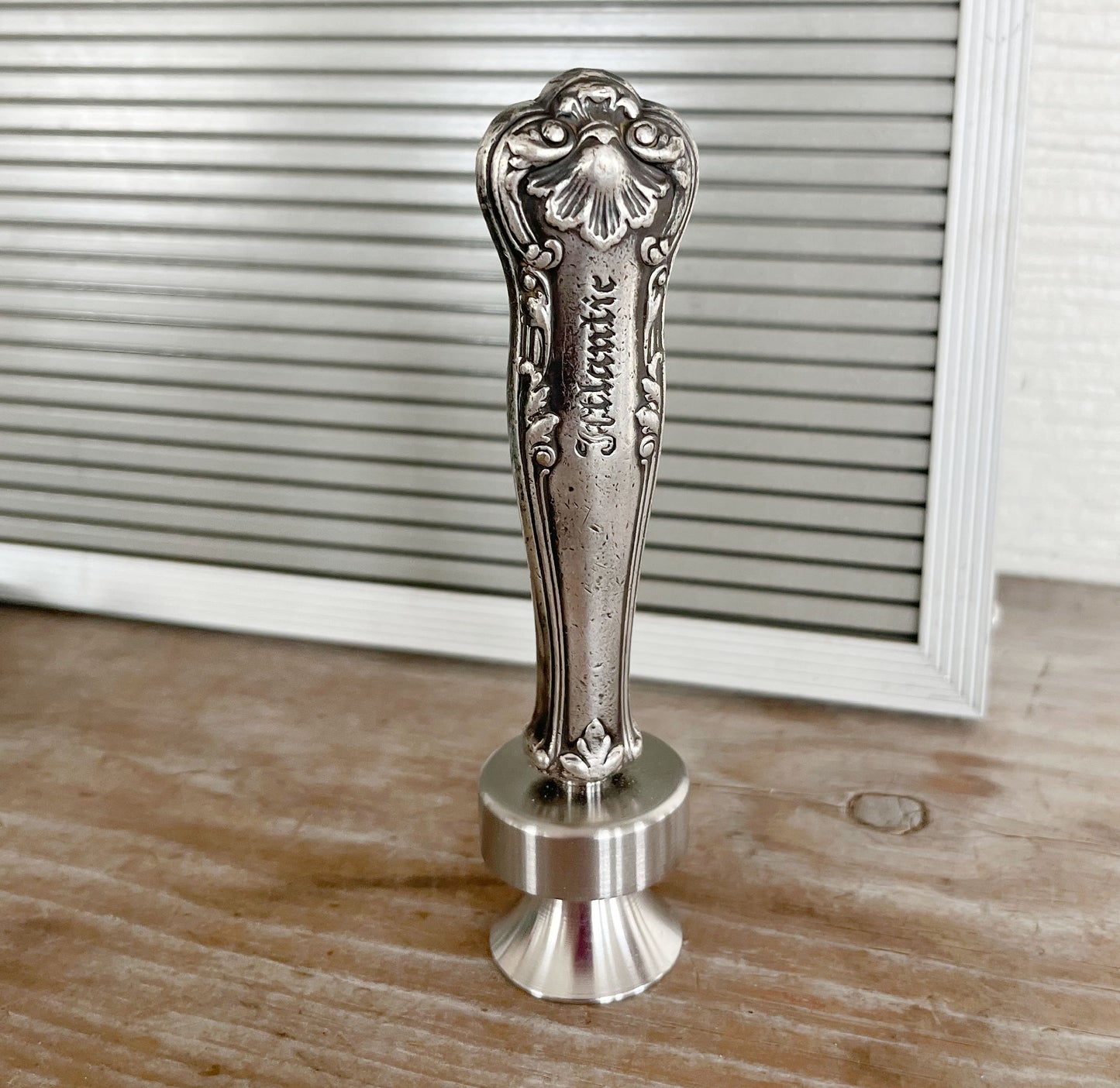 Alternate view of Gorham Regent knife bottle opener with Atlantic monogram - handcrafted upcycled 1903 vintage silverplate accessory - Laughing Frog Studio