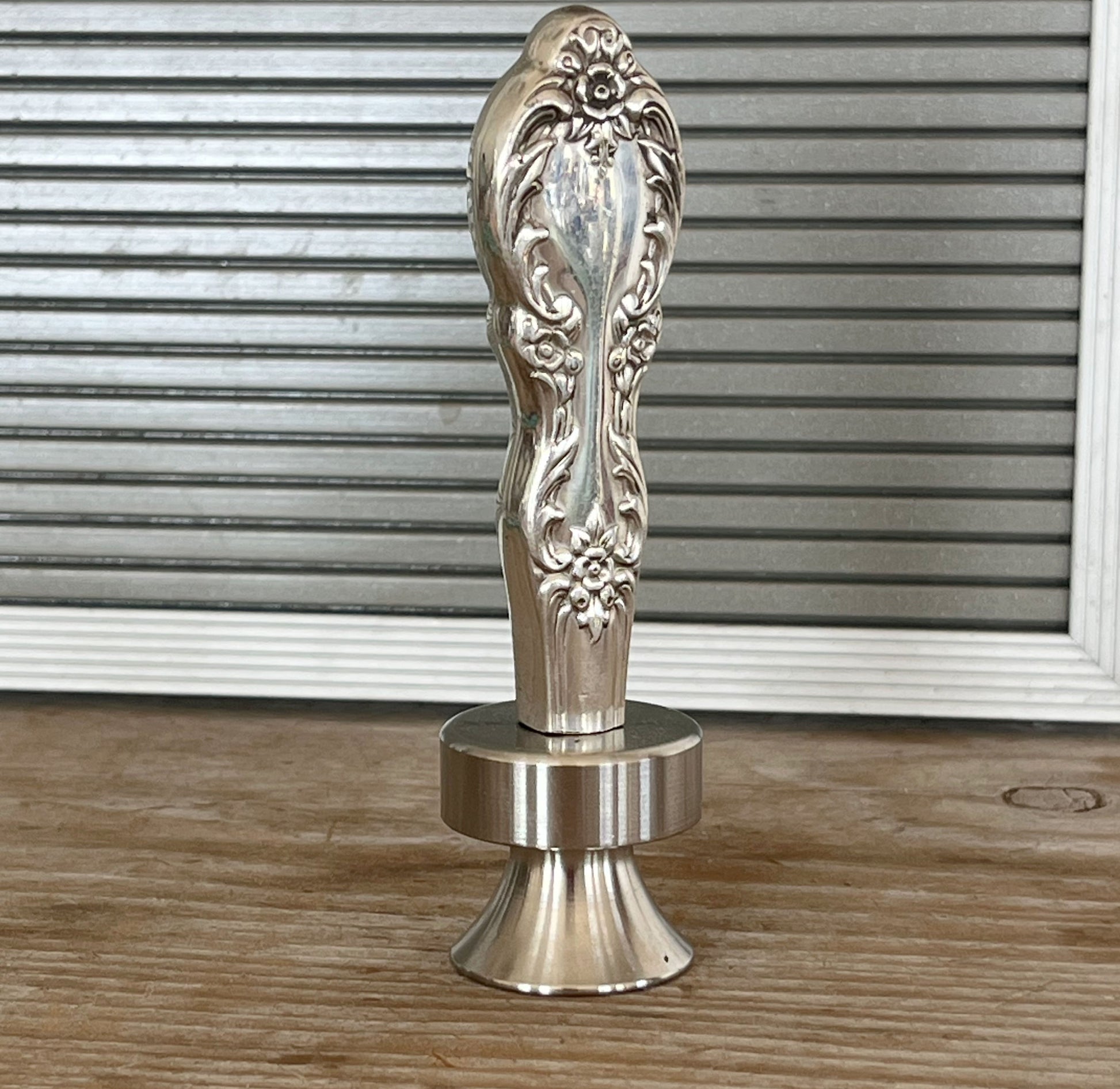 William Rogers Grand Elegance pattern knife bottle opener with ornate floral handle - handcrafted upcycled vintage silverware accessory - Laughing Frog Studio